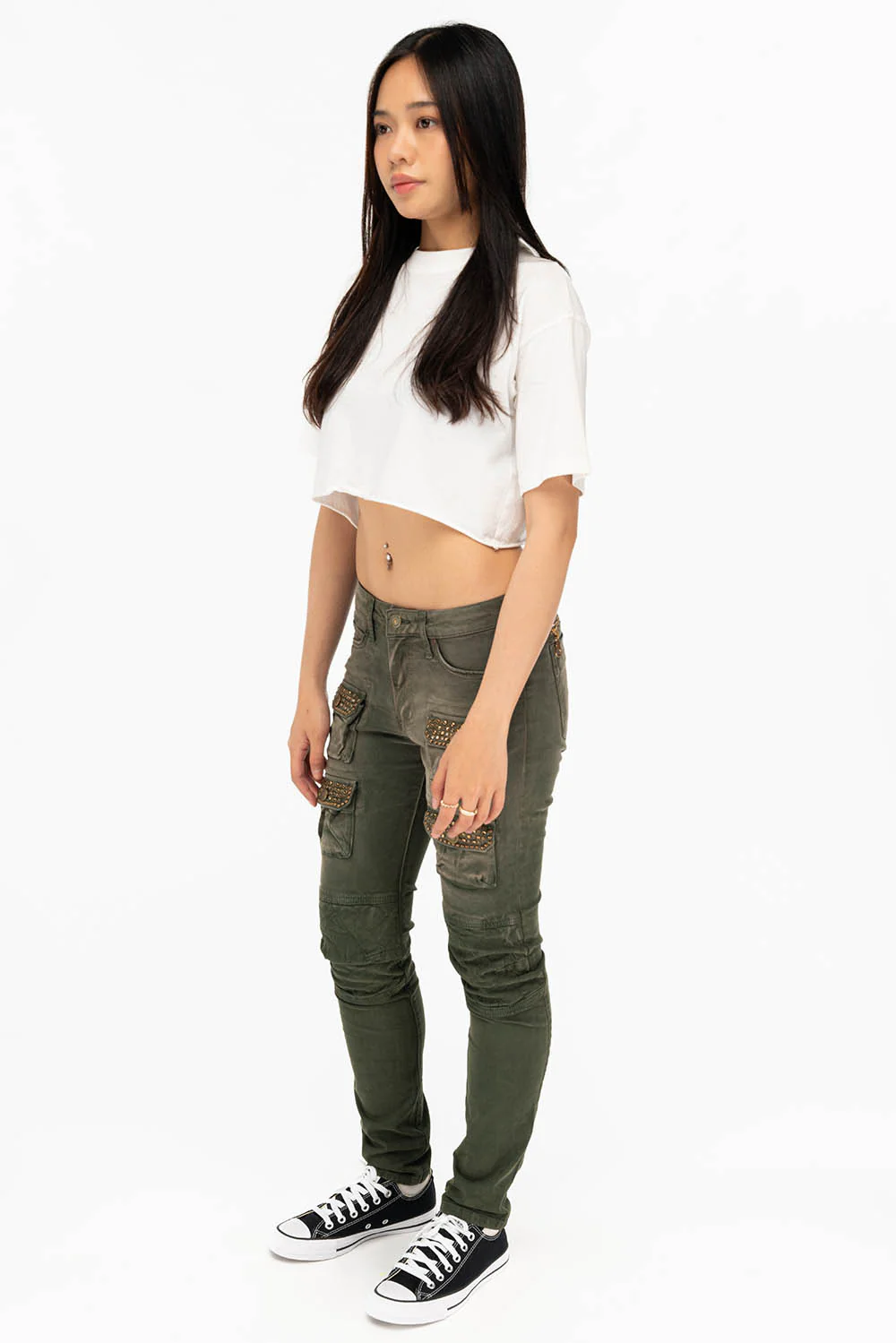 ROBIN'S WOMEN'S SKINNY UTILITARIAN JEANS IN SULFUR GREEN ARMY WITH STUDS AND CRYSTALS - Image 5