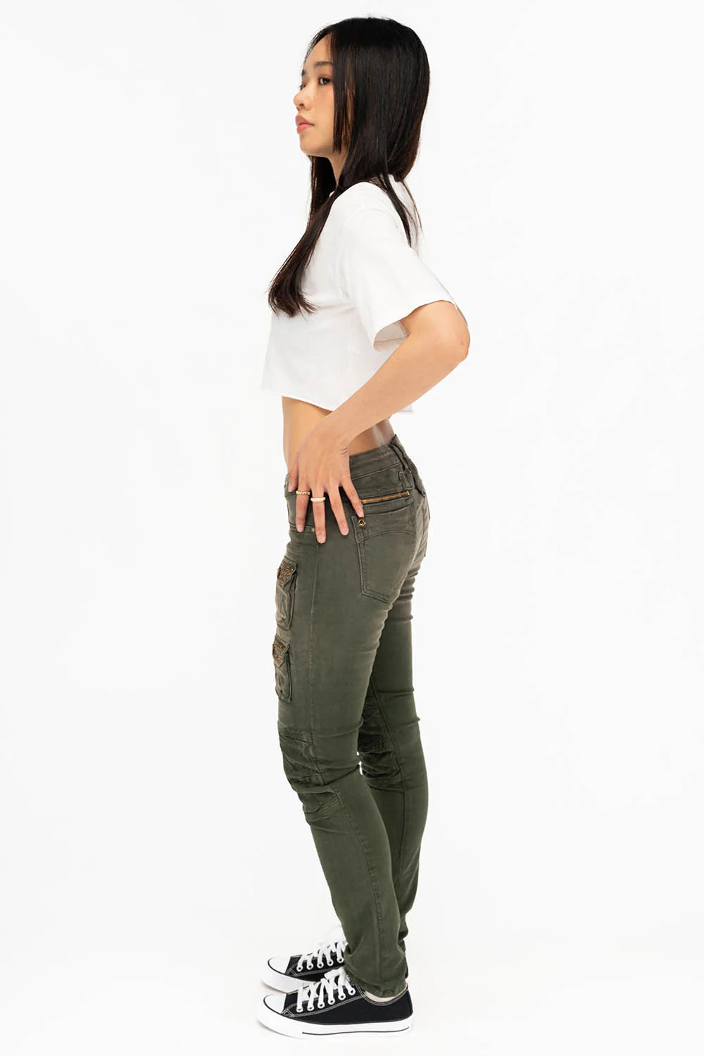 ROBIN'S WOMEN'S SKINNY UTILITARIAN JEANS IN SULFUR GREEN ARMY WITH STUDS AND CRYSTALS - Image 6