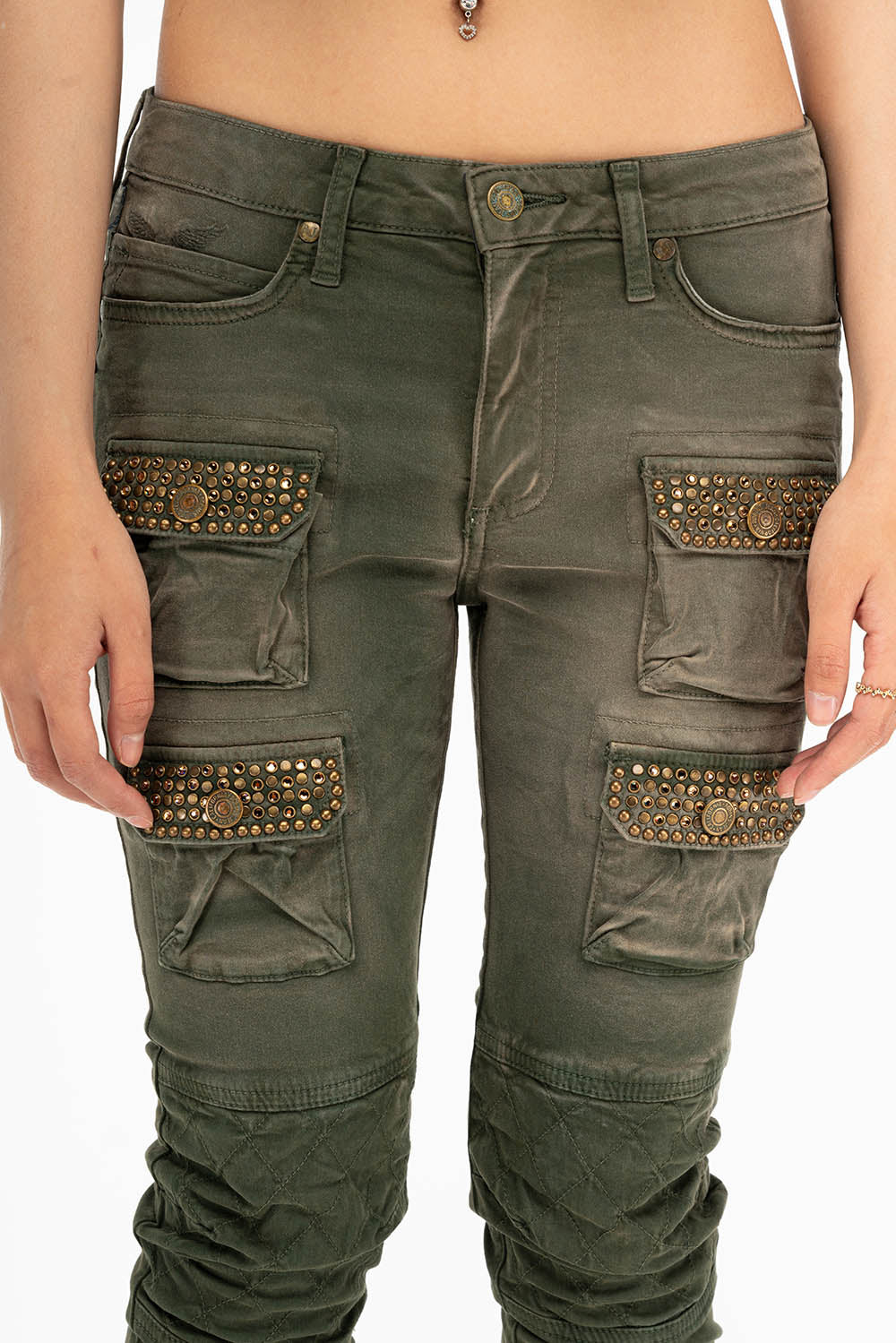 ROBIN'S WOMEN'S SKINNY UTILITARIAN JEANS IN SULFUR GREEN ARMY WITH STUDS AND CRYSTALS - Image 7