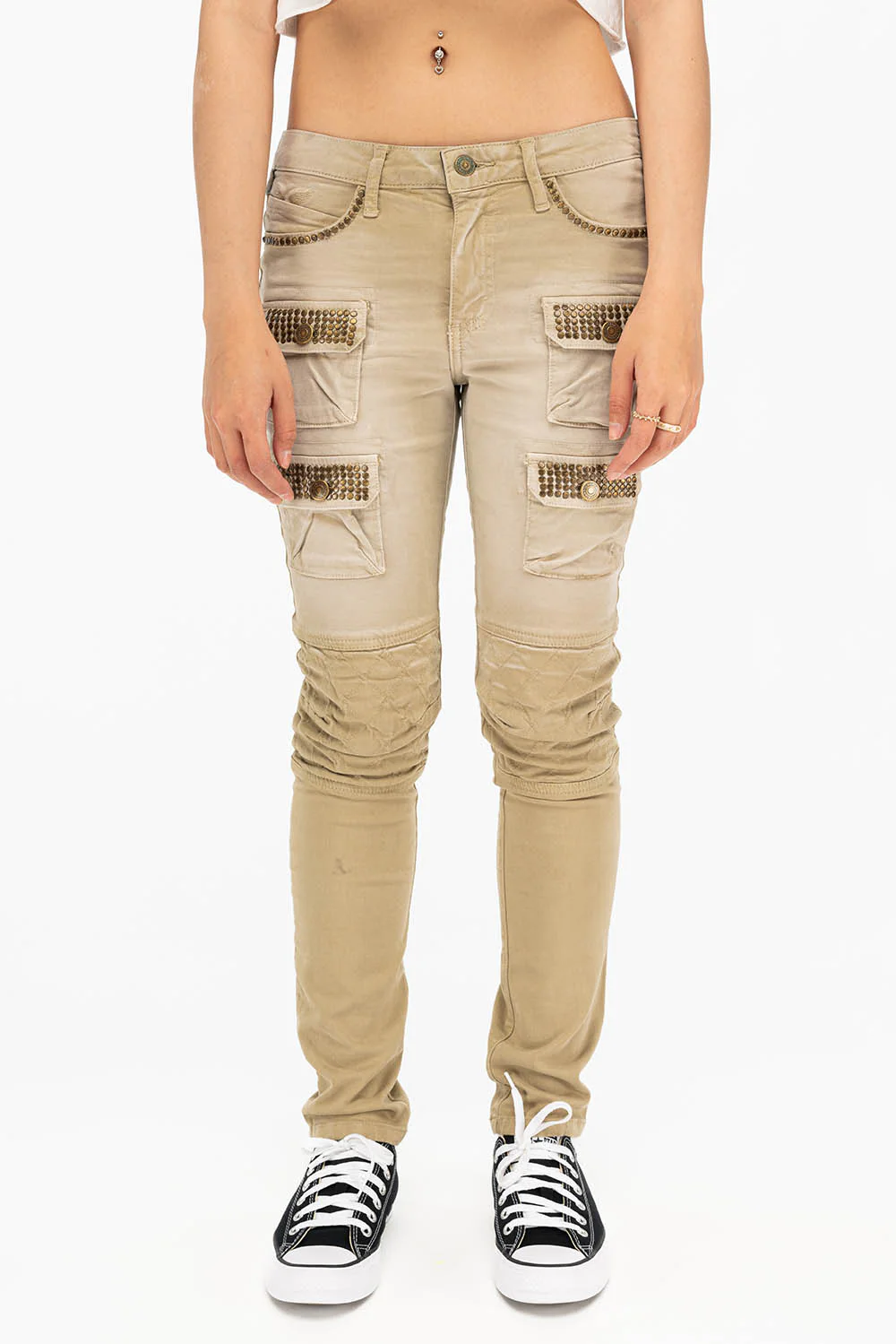 ROBIN'S WOMENS SKINNY UTILITARIAN JEANS IN SULFUR SAND WASH WITH STUDS - Image 3