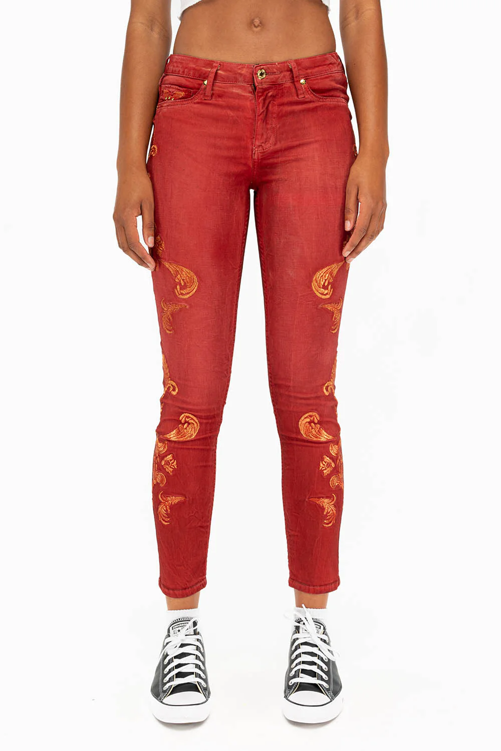 MID RISE WOMENS JEANS WITH GOLD EMBROIDERY IN RED - Image 2
