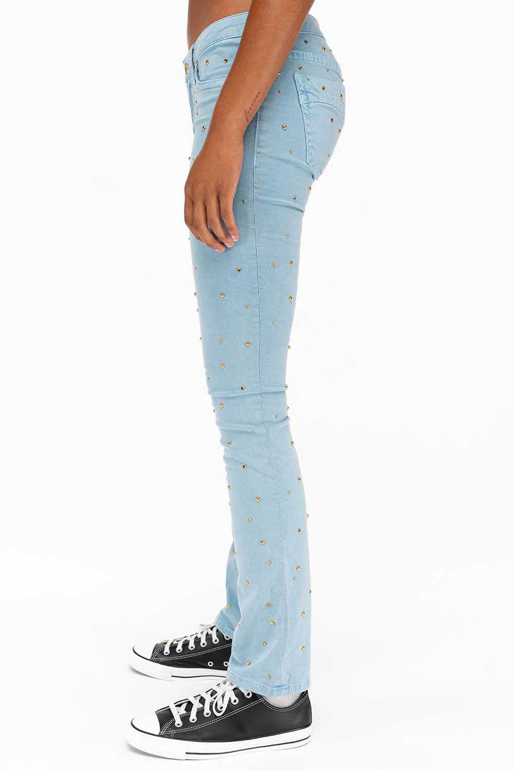 MARILYN LOW RISE WOMENS STUDDED STRAIGHT LEG JEANS IN DULL BLUE WITH TONAL WINGS AND CRYSTALS - Image 3