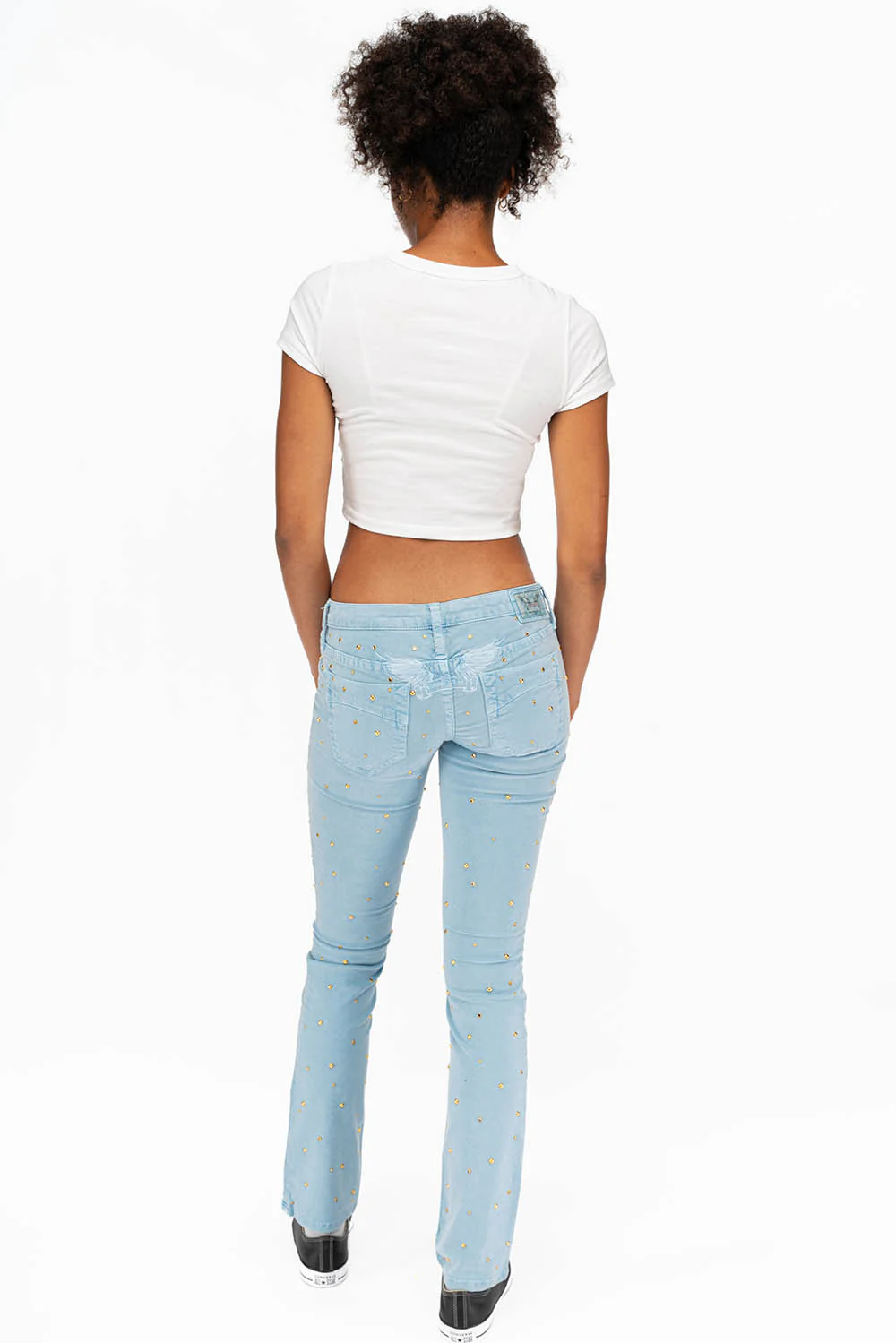 MARILYN LOW RISE WOMENS STUDDED STRAIGHT LEG JEANS IN DULL BLUE WITH TONAL WINGS AND CRYSTALS - Image 5