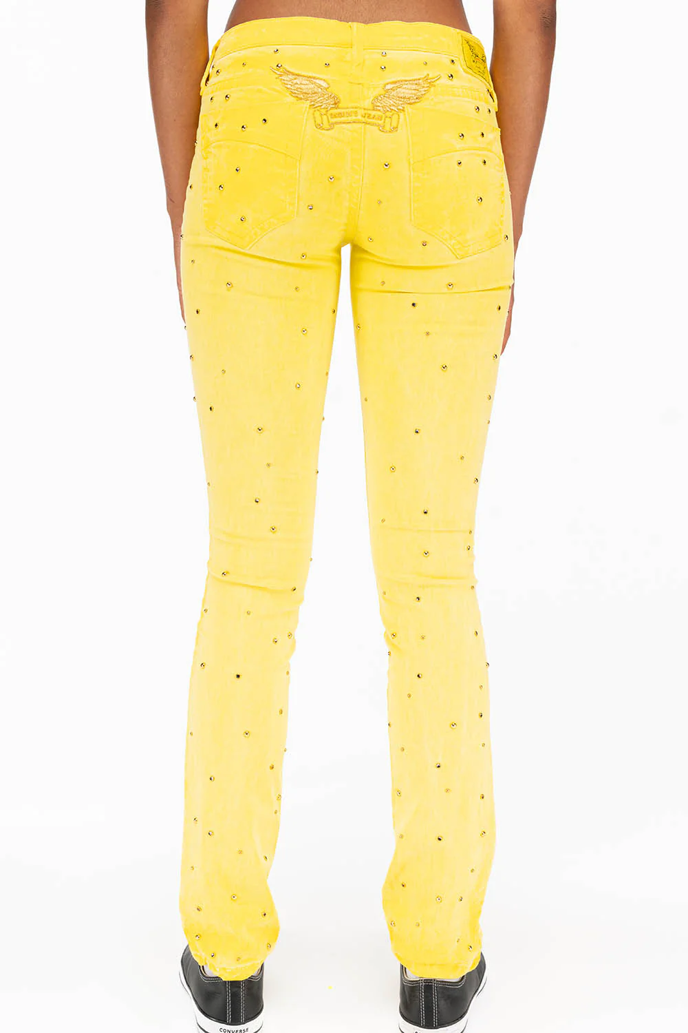 MARILYN LOW RISE WOMENS STUDDED STRAIIGHT LEG JEANS IN OIL YELLOW WITH TONAL WINGS AND CRYSTALS - Image 3