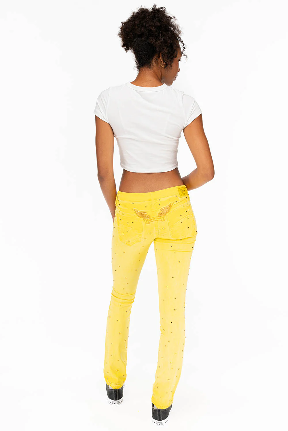 MARILYN LOW RISE WOMENS STUDDED STRAIIGHT LEG JEANS IN OIL YELLOW WITH TONAL WINGS AND CRYSTALS - Image 5