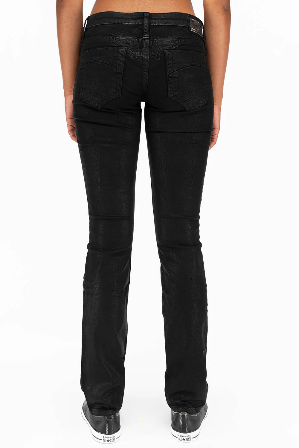 MARILYN LOW RISE WOMENS STRAIGHT LOW RISE JEANS IN BLACK COATING WITH TONAL WINGS - Image 2