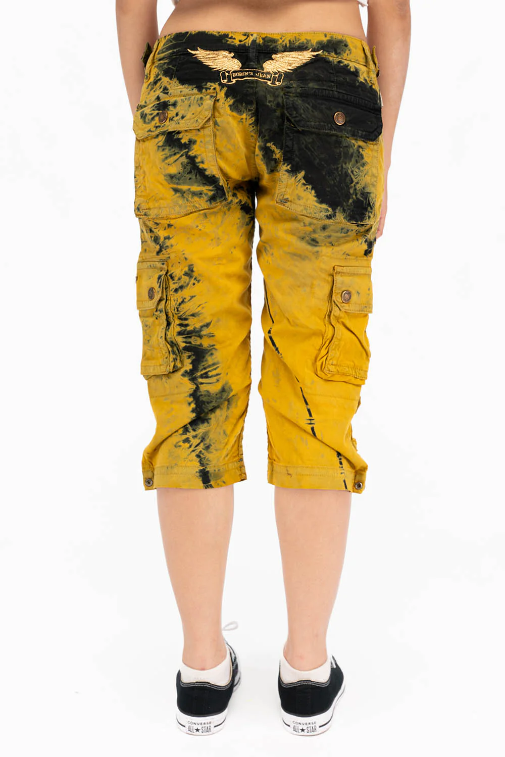 MILITARY STYLE ASSORTED PATCH WOMENS CARGO SHORTS IN TYE DYE YELLOW AND BLACK WASH - Image 3