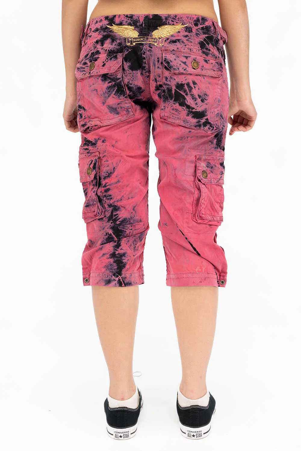 MILITARY STYLE ASSORTED PATCH WOMENS CARGO SHORTS IN TYE DYE PINK AND BLACK WASH - Image 3