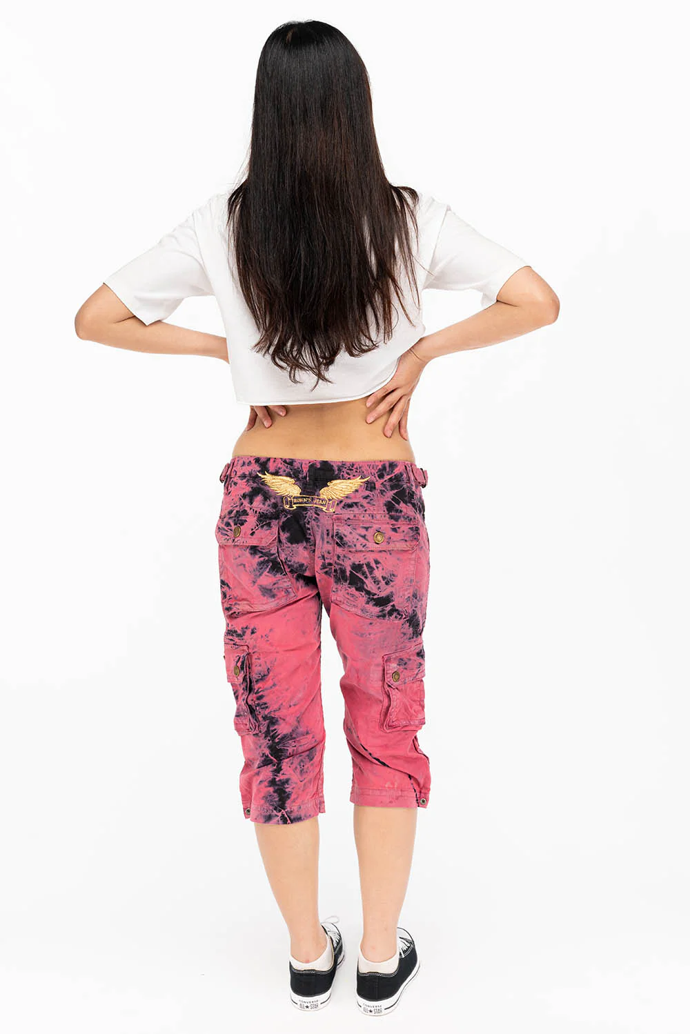 MILITARY STYLE ASSORTED PATCH WOMENS CARGO SHORTS IN TYE DYE PINK AND BLACK WASH - Image 6