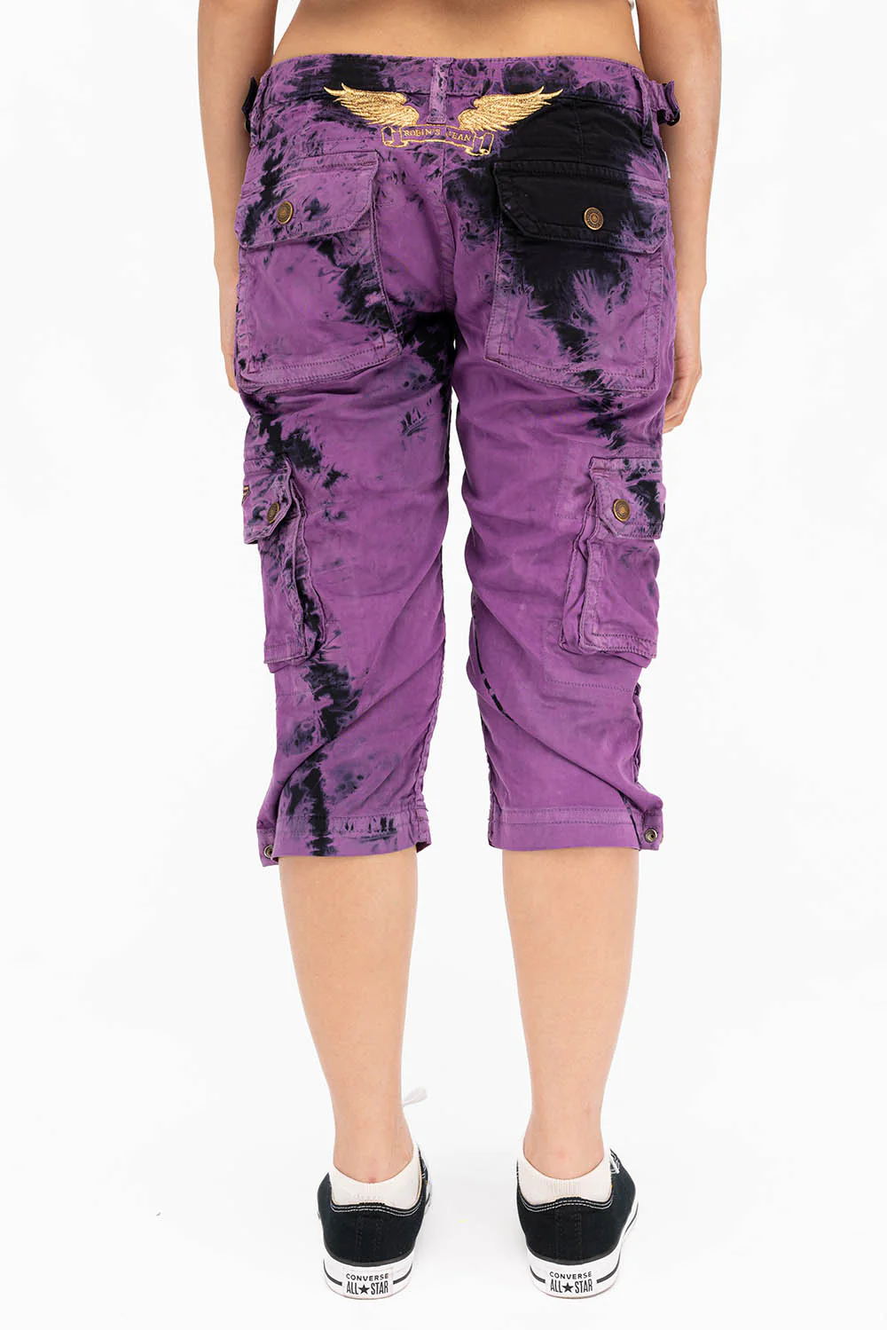 MILITARY STYLE ASSORTED PATCH WOMENS CARGO SHORTS IN TYE DYE PURPLE AND BLACK WASH - Image 6