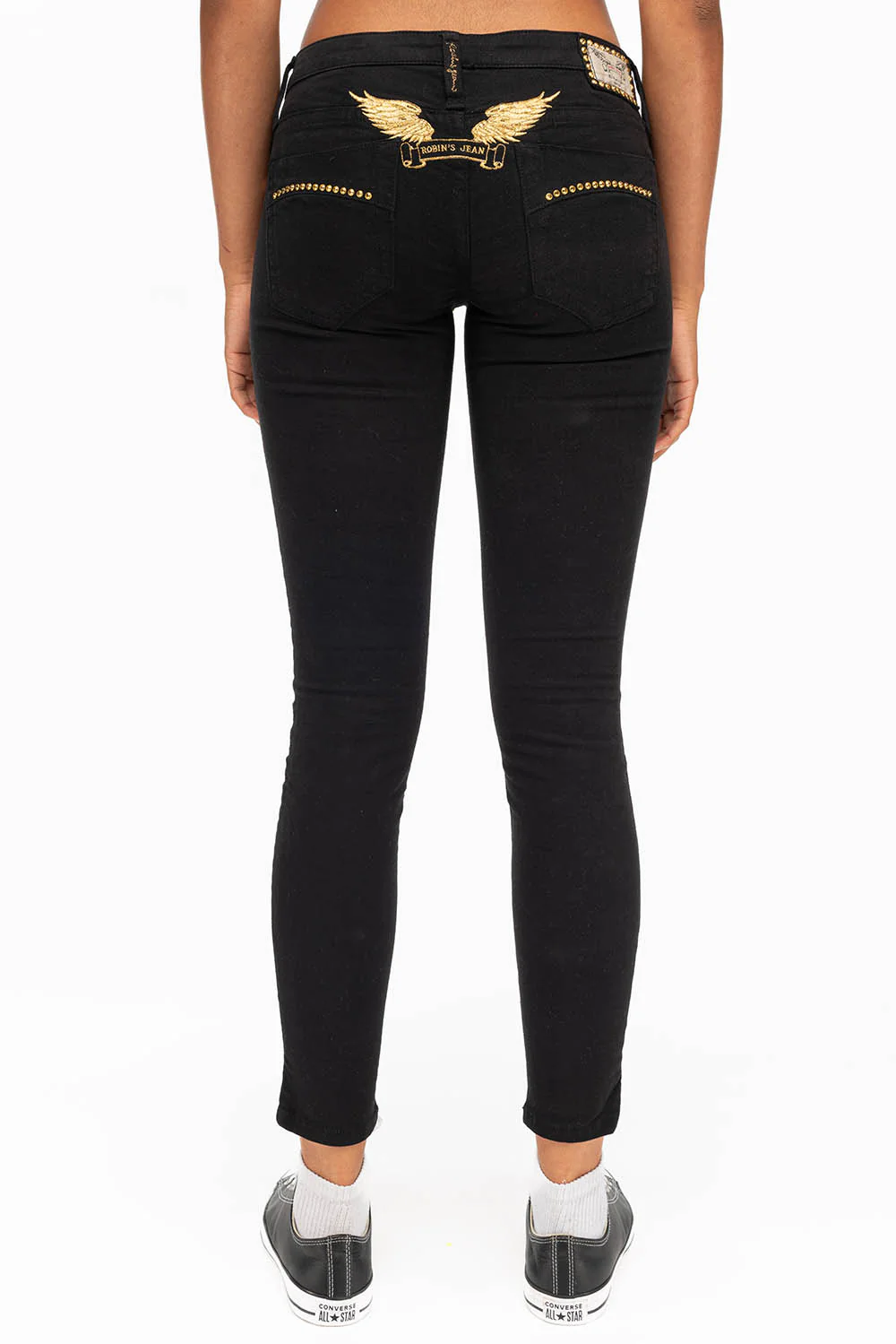 MARILYN WOMENS STUDDED SKINNY JEANS IN BLACK WITH GOLD WINGS AND GOLD CRYSTALS - Image 2