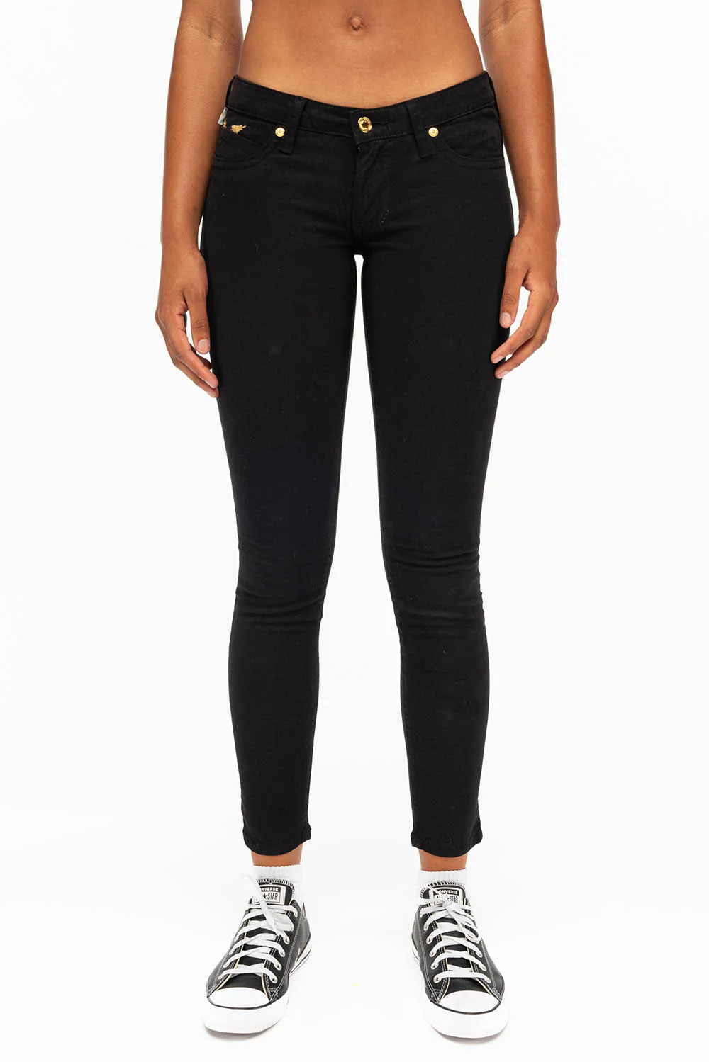 MARILYN WOMENS STUDDED SKINNY JEANS IN BLACK WITH GOLD WINGS AND GOLD CRYSTALS - Image 3
