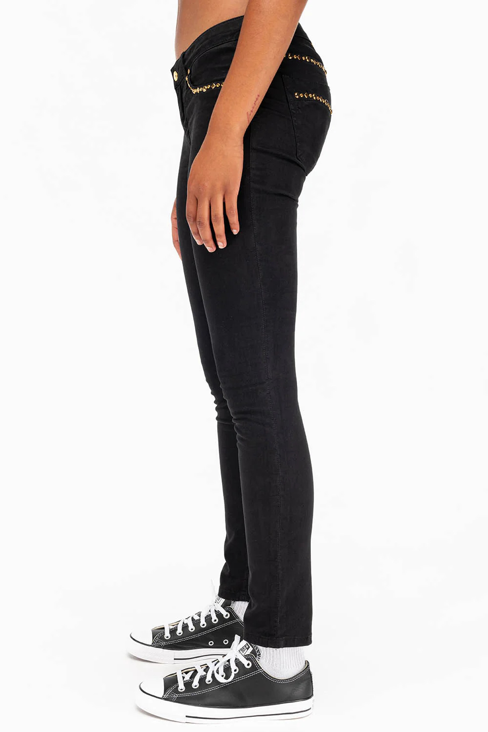 MARILYN WOMENS STUDDED SKINNY JEANS IN BLACK GOLD LOGO AND CRYSTALS - Image 3