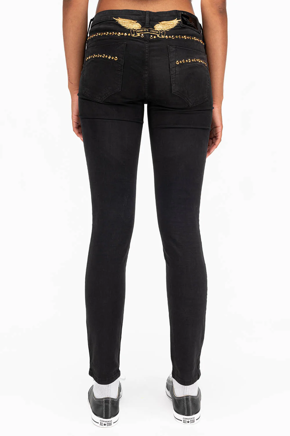 MARILYN WOMENS STUDDED SKINNY JEANS IN BLACK GOLD LOGO AND CRYSTALS - Image 4