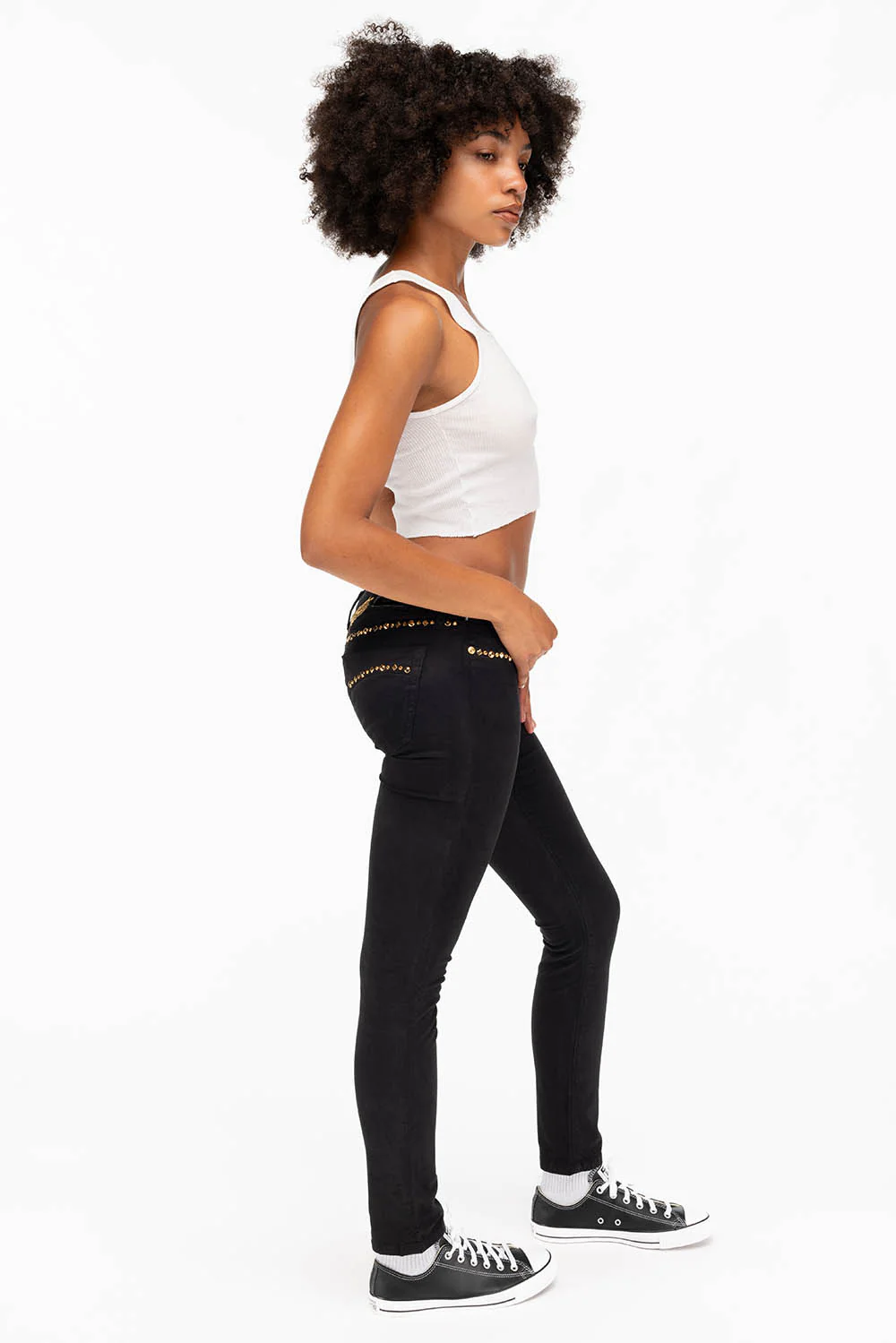 MARILYN WOMENS STUDDED SKINNY JEANS IN BLACK GOLD LOGO AND CRYSTALS - Image 6