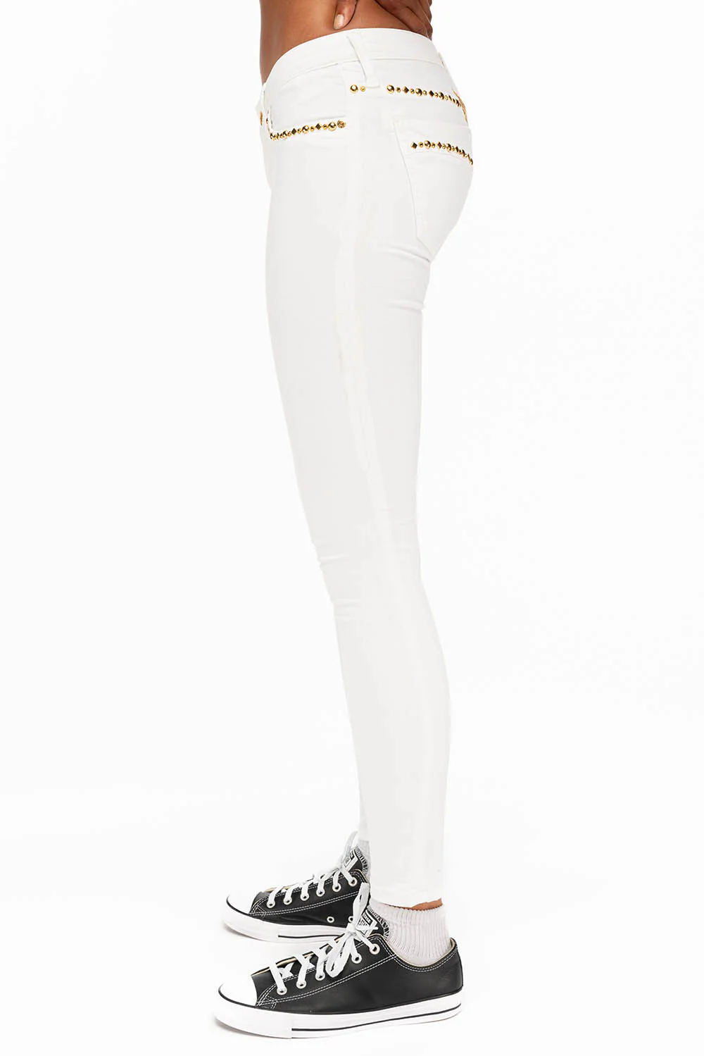 MARILYN WOMENS STUDDED SKINNY JEANS IN WHITE WITH GOLD WINGS AND GOLD STUDS AND CRYSTALS - Image 3