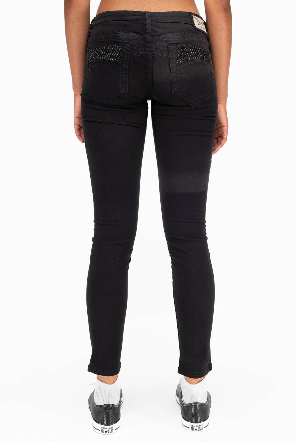 MARILYN WOMENS SKINNY JEANS IN BLACK WITH TONAL WINGS AND CRYSTALS - Image 2