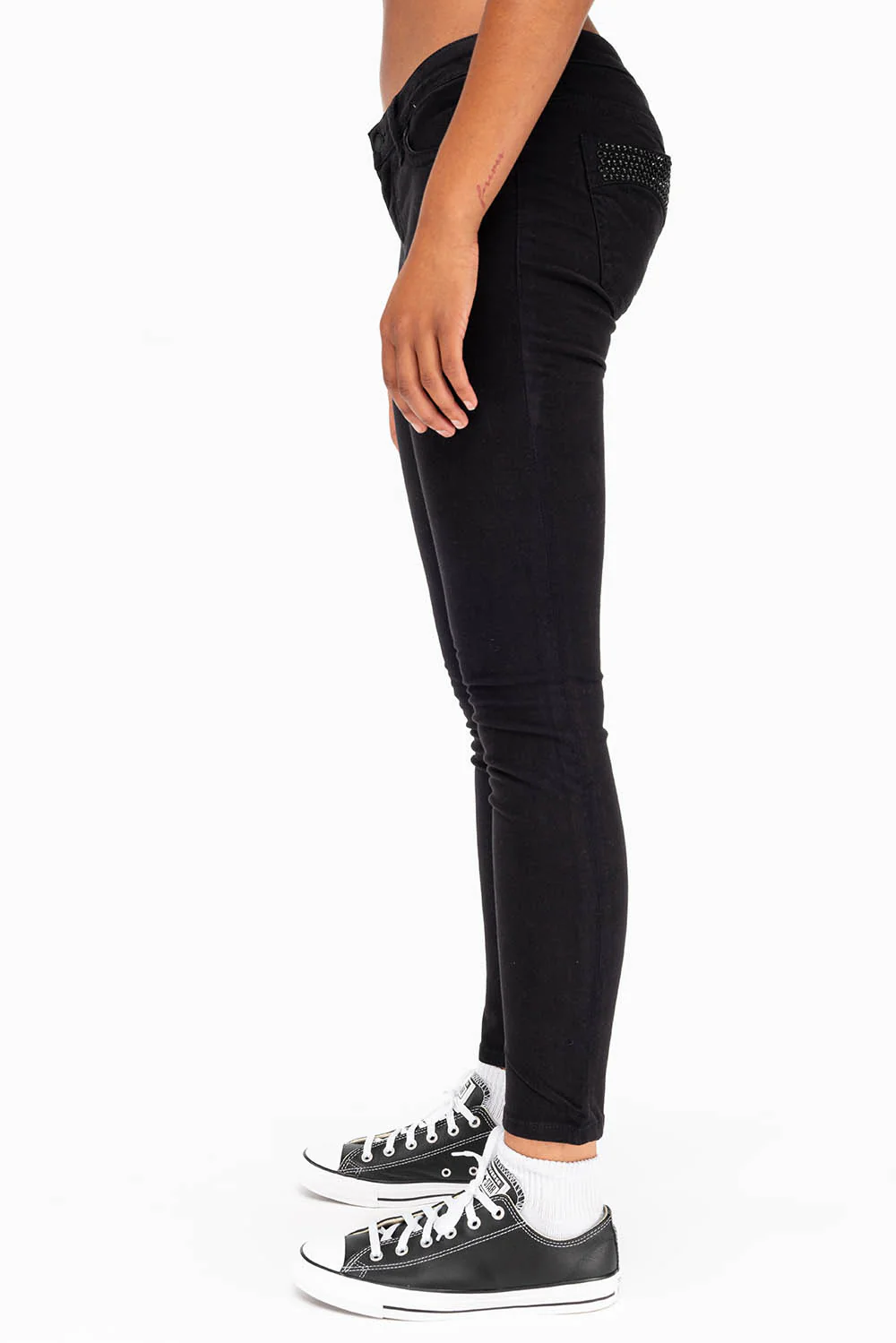 MARILYN WOMENS SKINNY JEANS IN BLACK WITH TONAL WINGS AND CRYSTALS - Image 3