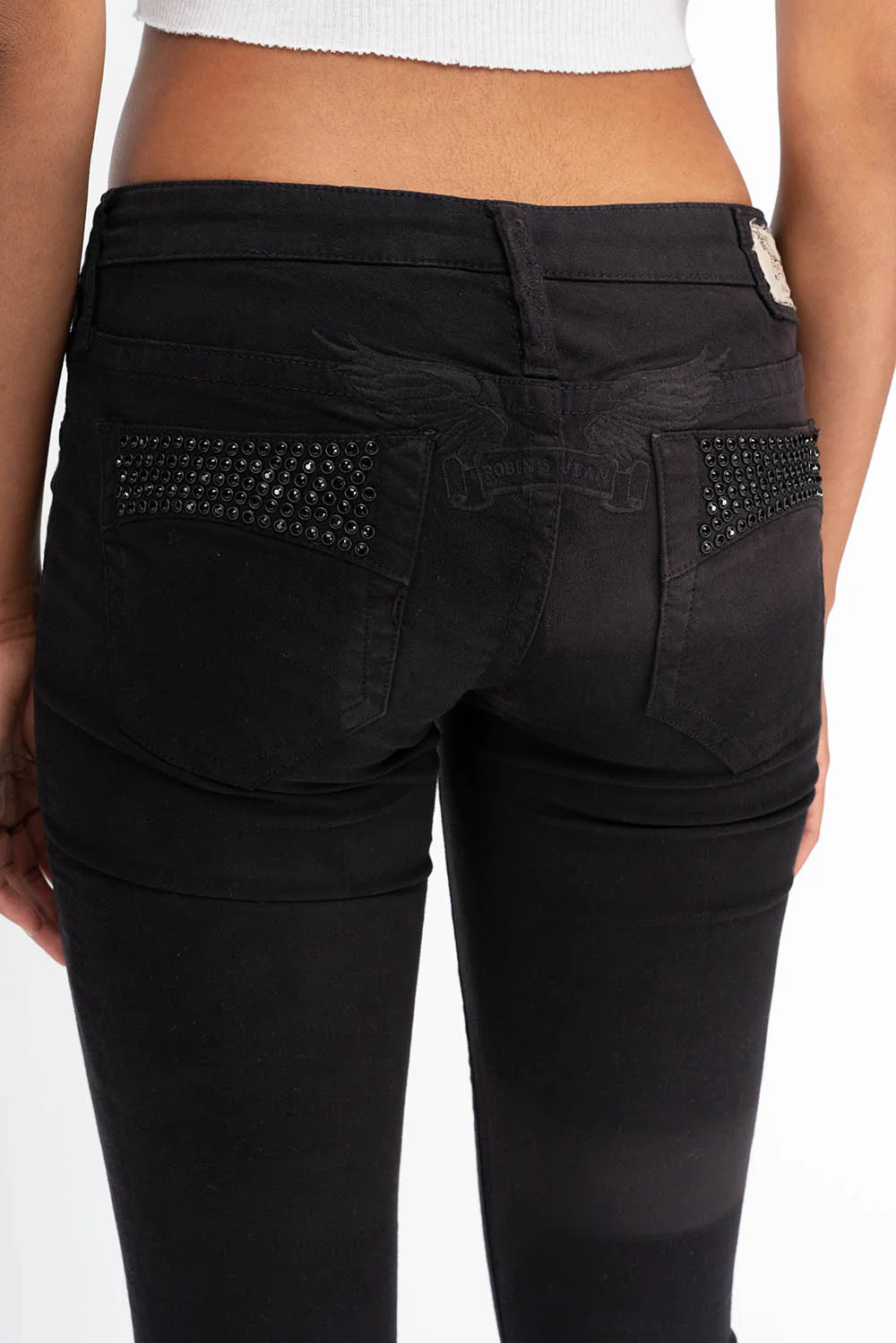 MARILYN WOMENS SKINNY JEANS IN BLACK WITH TONAL WINGS AND CRYSTALS - Image 5