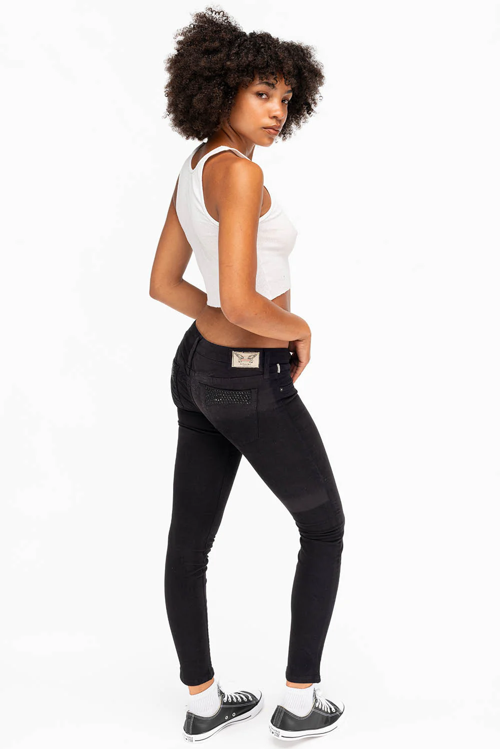 MARILYN WOMENS SKINNY JEANS IN BLACK WITH TONAL WINGS AND CRYSTALS - Image 6