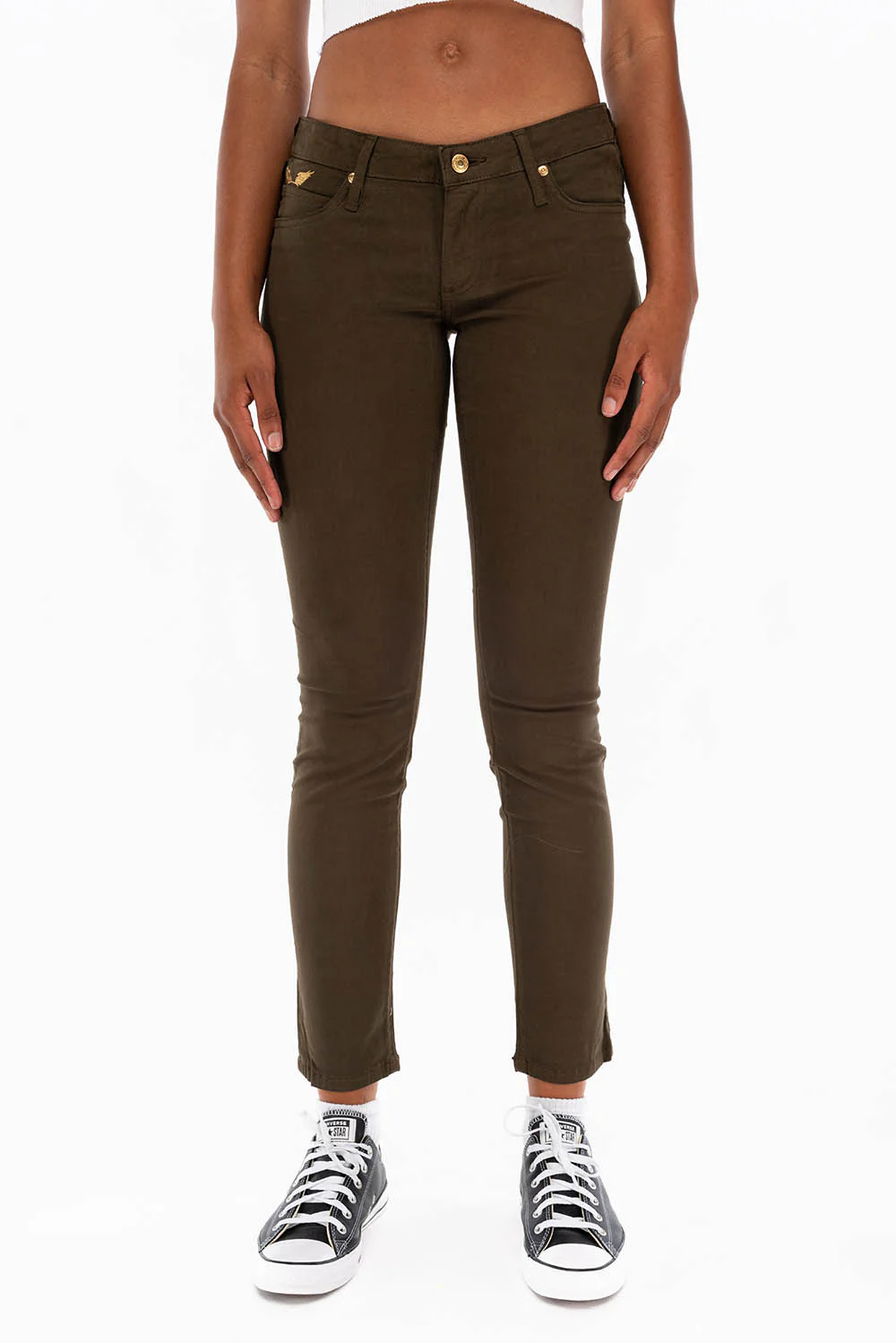 WOMENS SKINNY JEANS IN DARK GREEN WITH GOLD EMBROIDERY AND LOGO - Image 3