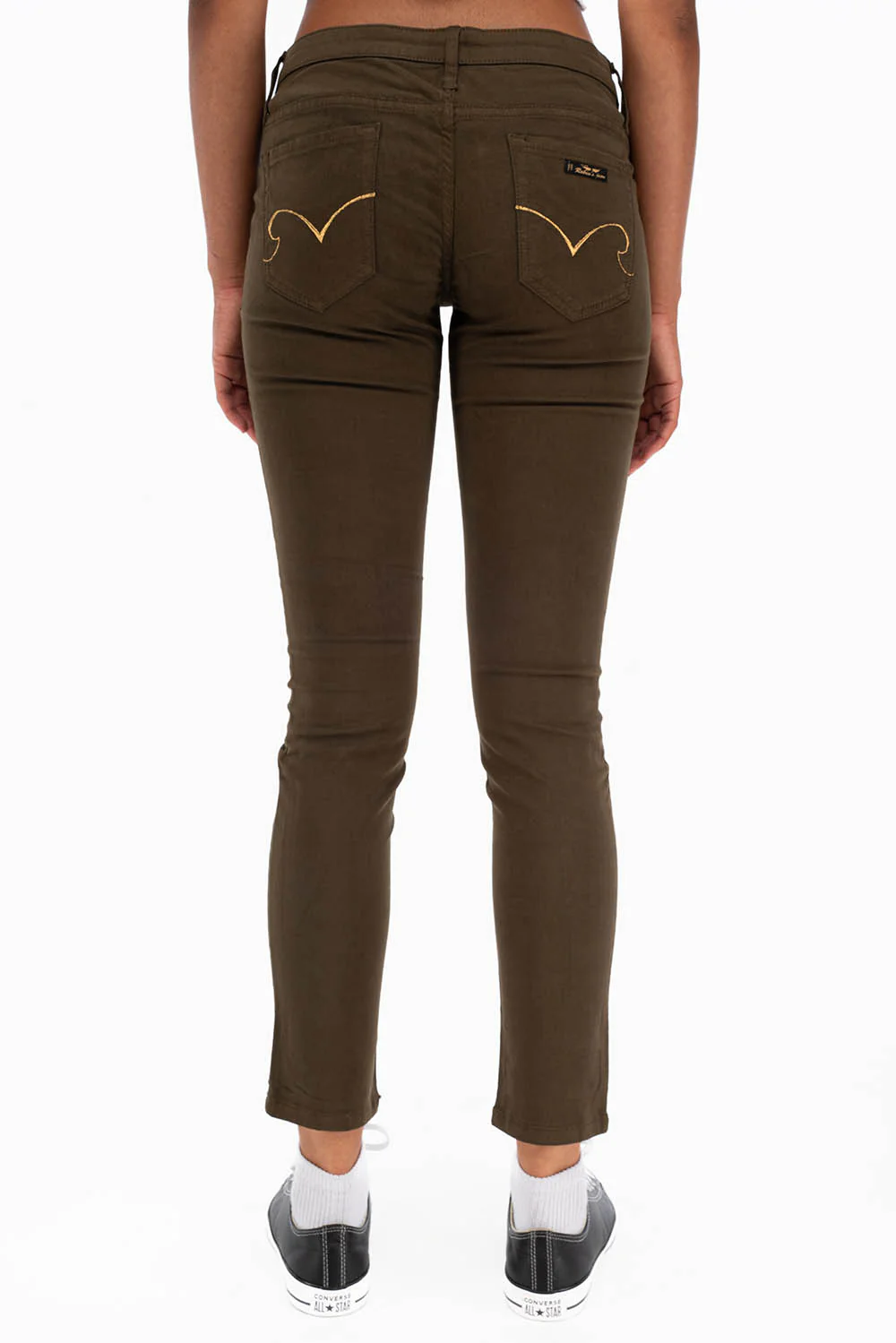 WOMENS SKINNY JEANS IN DARK GREEN WITH GOLD EMBROIDERY AND LOGO - Image 4