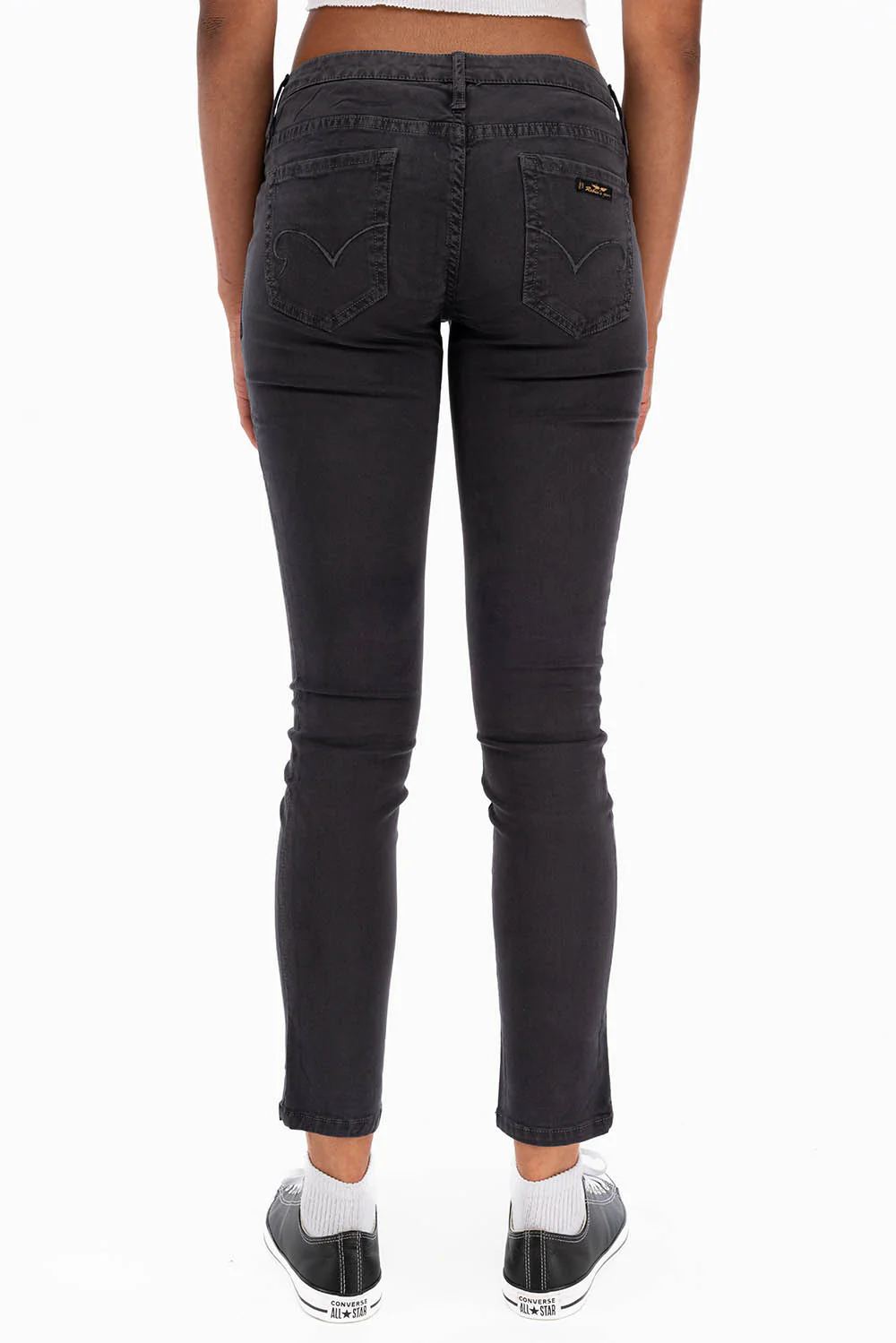 ROBIN'S NAT SKINNY LOW RISE WOMENS SKINNY JEANS IN CHARCOAL WITH TONAL EMBROIDERY AND LOGO - Image 4