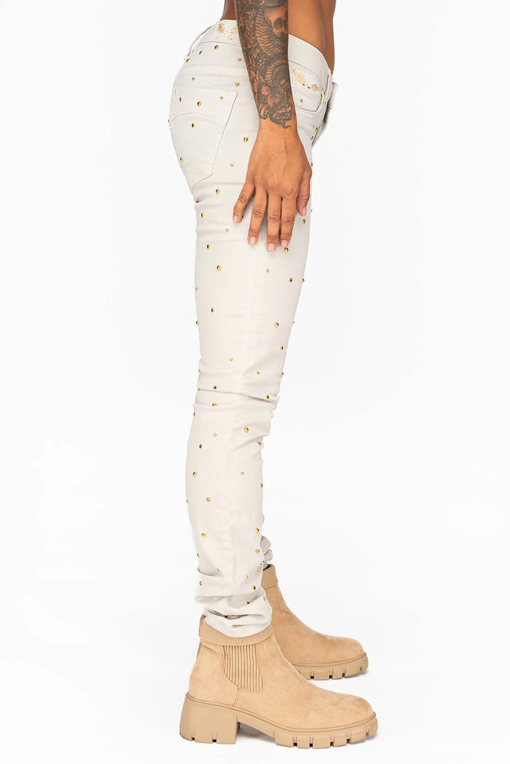 MID RISE WOMENS SKINNY JEANS IN BAKER STONE WASH WITH CRYSTALS - Image 4