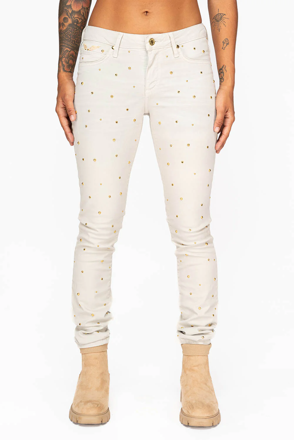 MID RISE WOMENS SKINNY JEANS IN BAKER STONE WASH WITH CRYSTALS - Image 5