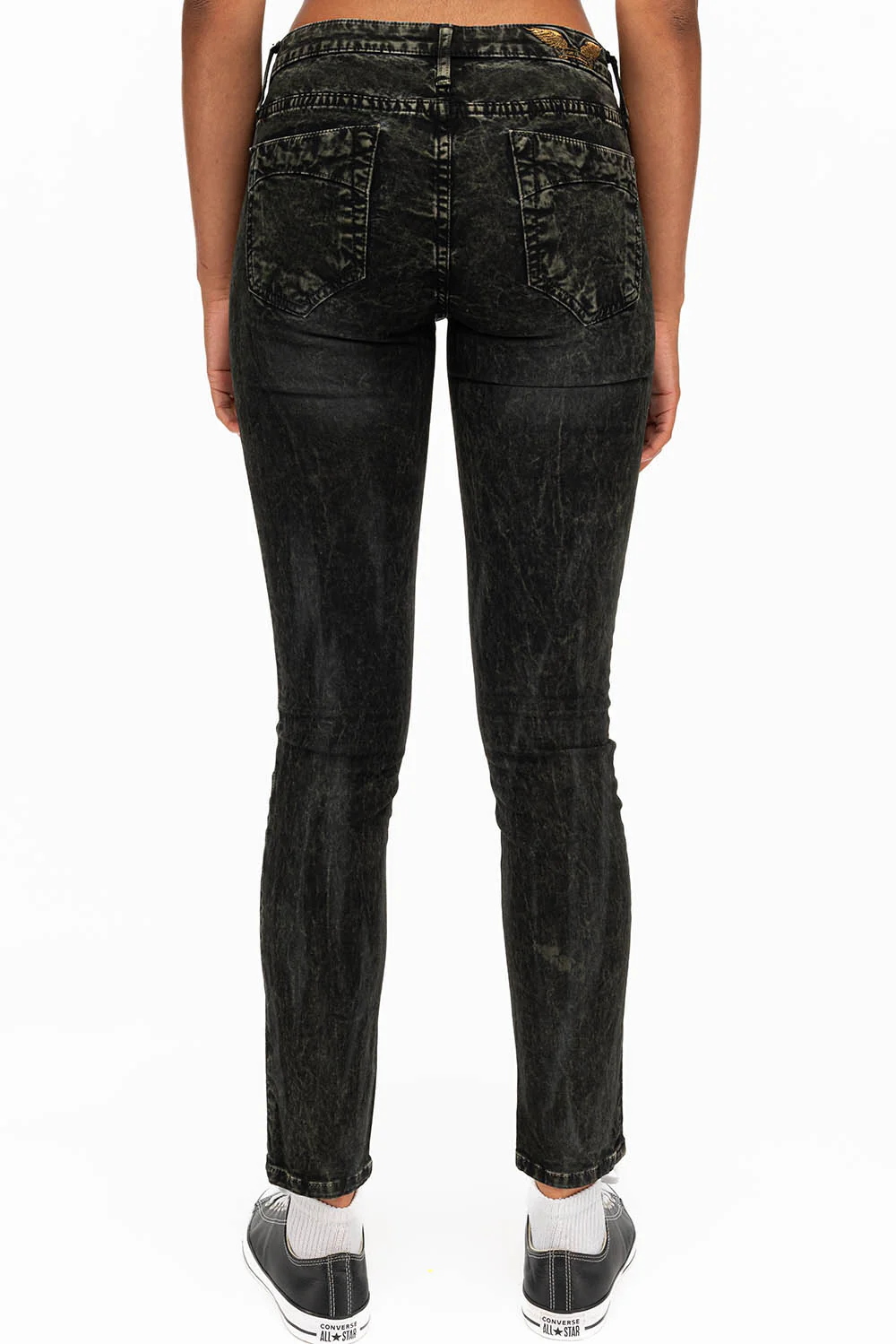 JANE MID RISE WOMENS SKINNY JEANS IN GREEN THUNDER WITH GOLD WINGS - Image 2