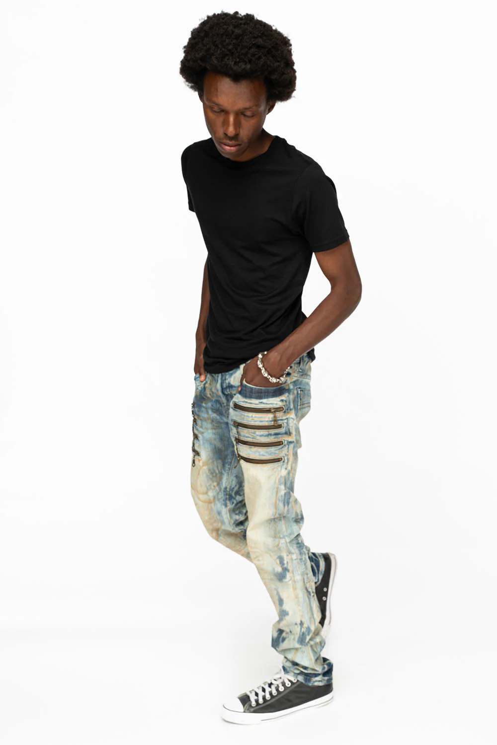 MENS MOTORCYCLE ZIPPERS SLIM JEANS IN JOSEPH INDIGO WASH - Image 4