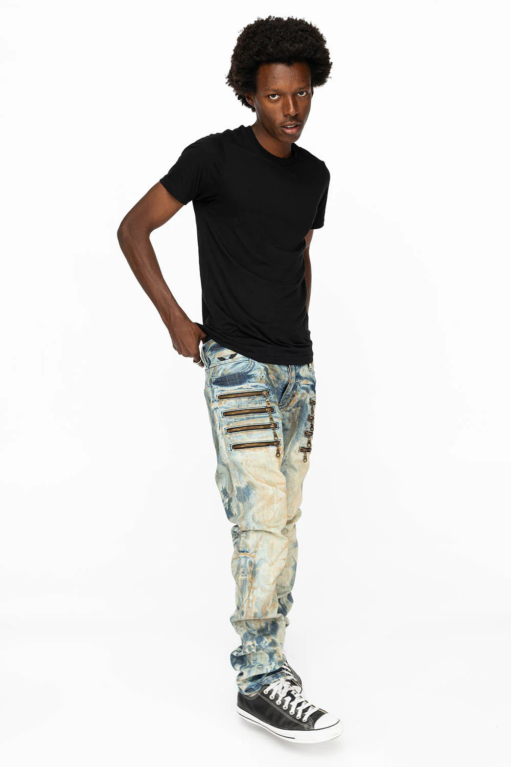 MENS MOTORCYCLE ZIPPERS SLIM JEANS IN JOSEPH INDIGO WASH - Image 5