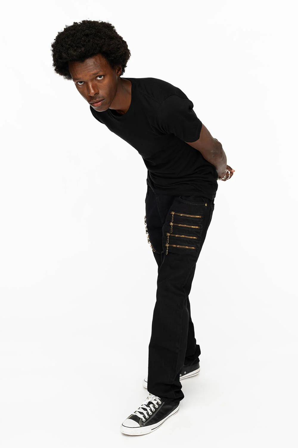 MENS MOTORCYCLE ZIPPERS SLIM JEANS IN OVERDYE BLACK WASH - Image 4