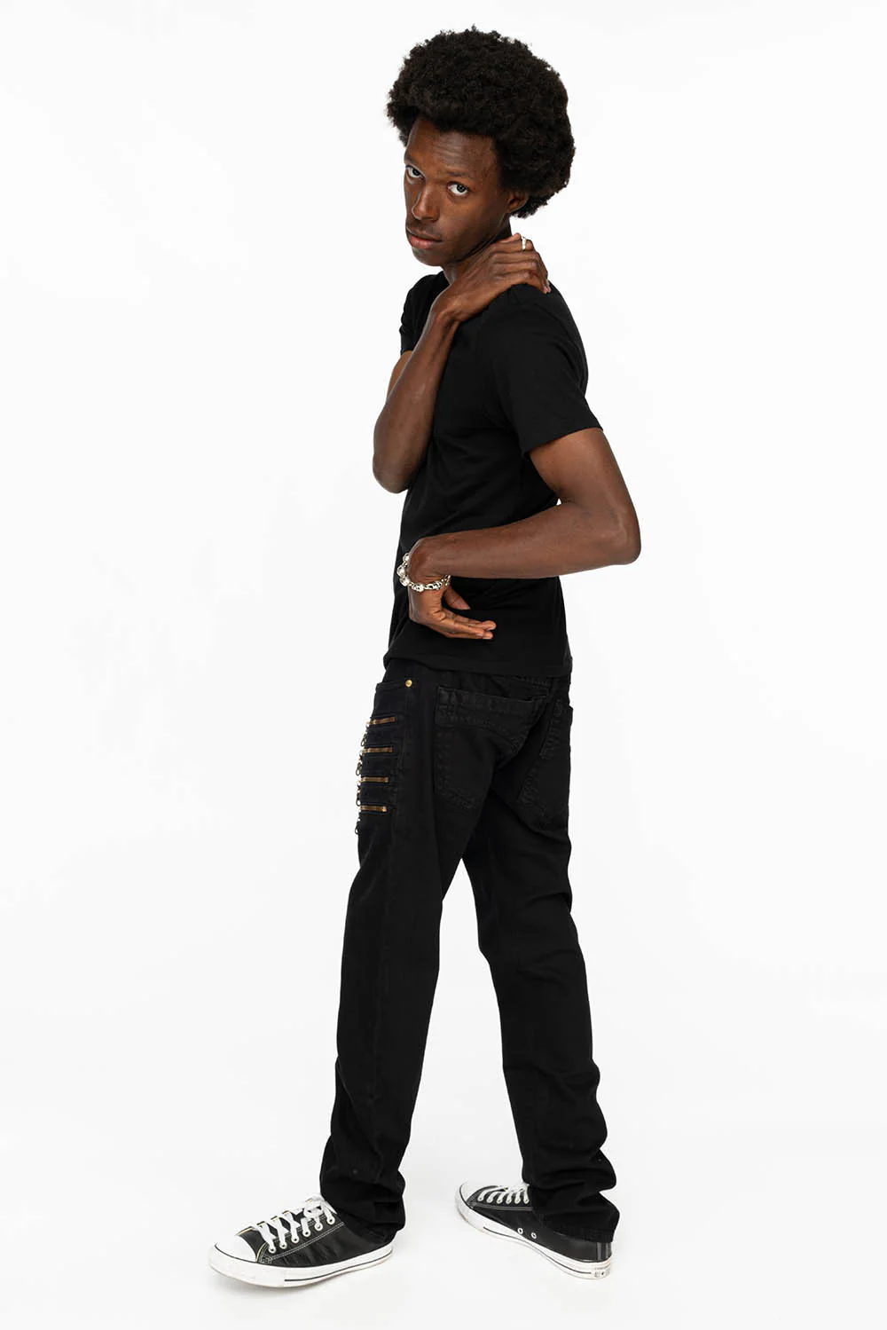 MENS MOTORCYCLE ZIPPERS SLIM JEANS IN OVERDYE BLACK WASH - Image 6