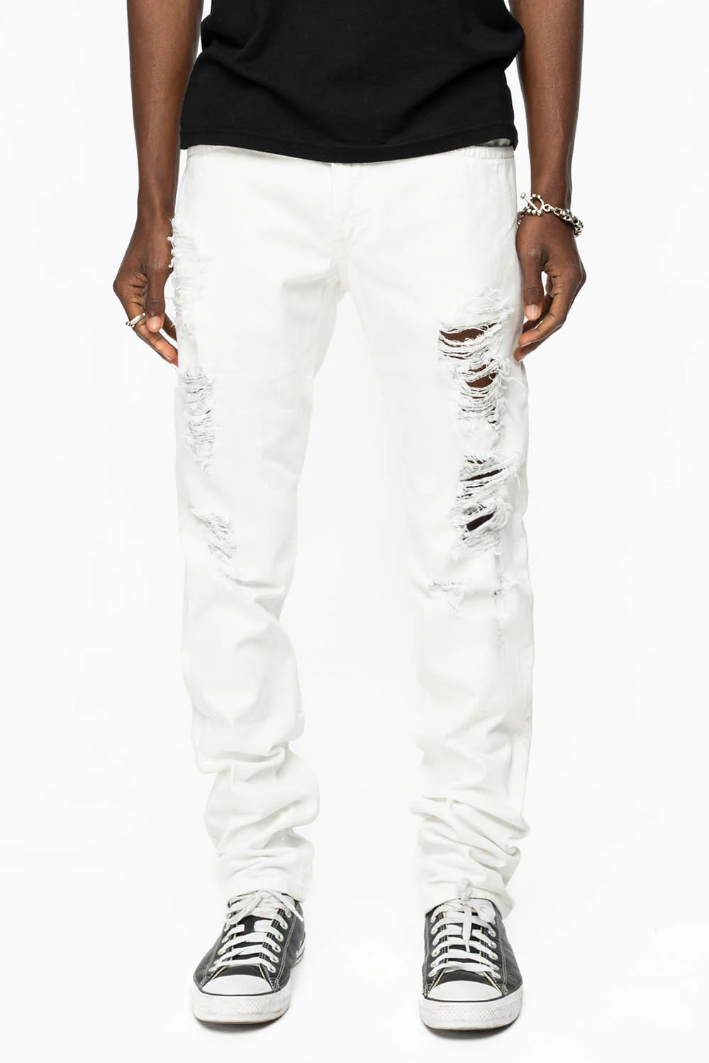 MENS CLASSIC 5 POCKET SLIM LEG JEANS IN WHITE BROKEN
