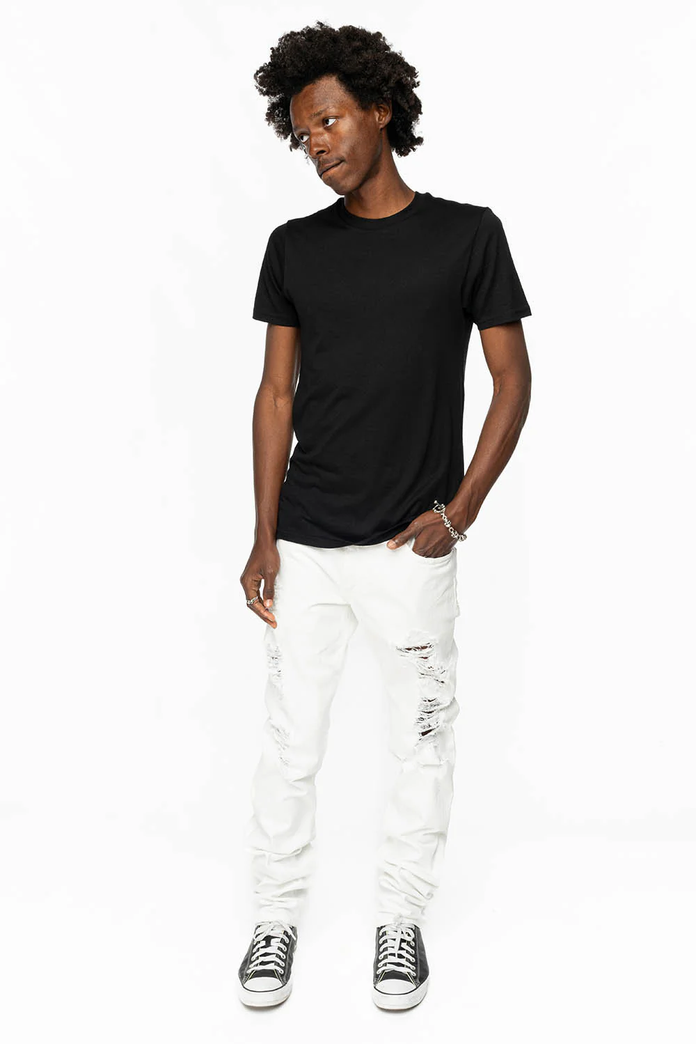 MENS CLASSIC 5 POCKET SLIM LEG JEANS IN WHITE BROKEN - Image 4