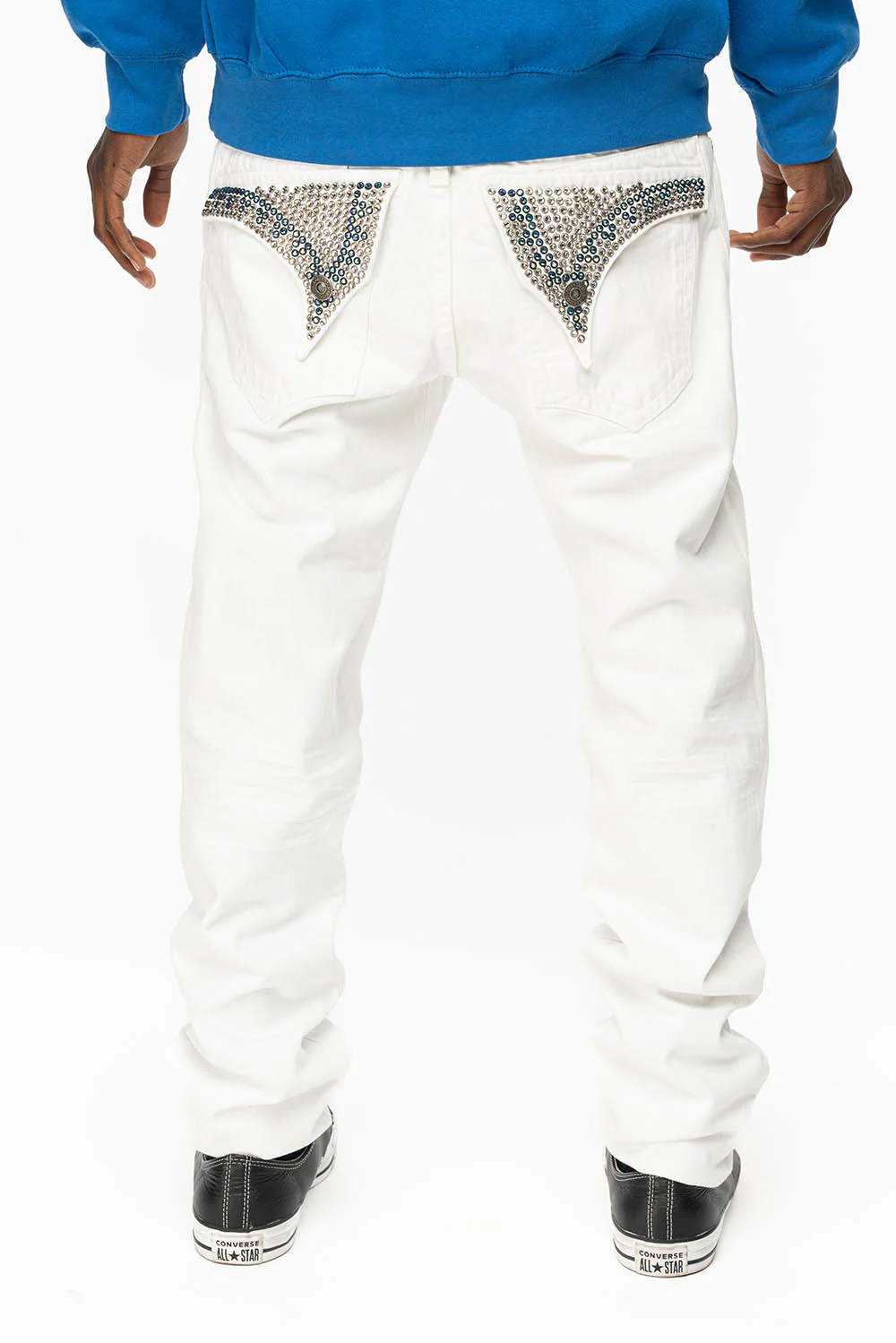 MENS LONG FLAP SLIM JEANS WITH FULL CLEAR & SAPPHIRE CRYSTALS IN PURE WHITE DNM
