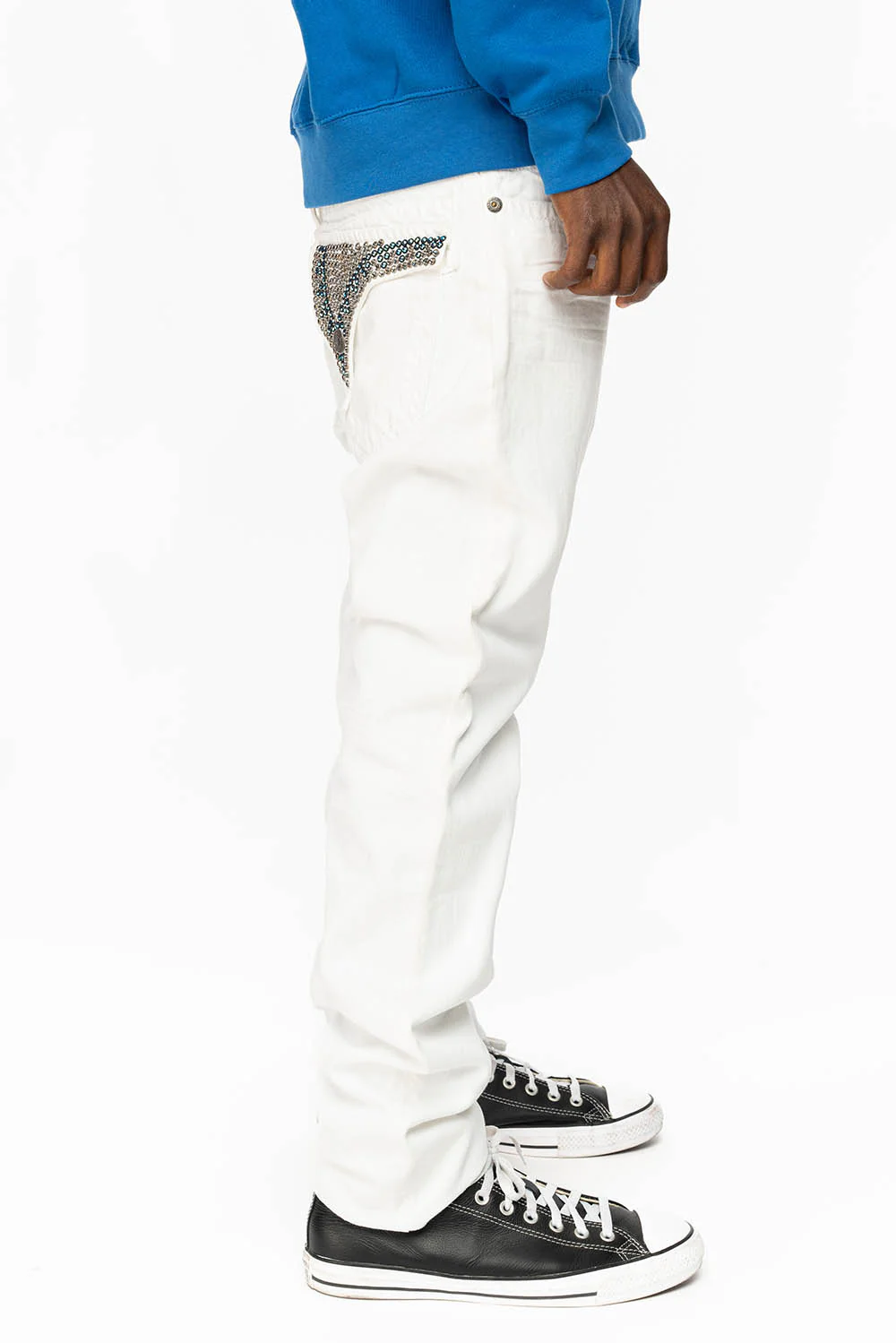 MENS LONG FLAP SLIM JEANS WITH FULL CLEAR & SAPPHIRE CRYSTALS IN PURE WHITE DNM - Image 3
