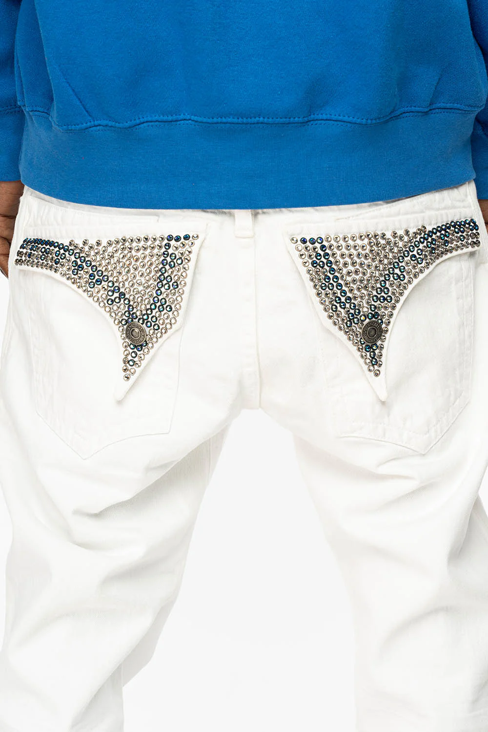MENS LONG FLAP SLIM JEANS WITH FULL CLEAR & SAPPHIRE CRYSTALS IN PURE WHITE DNM - Image 4