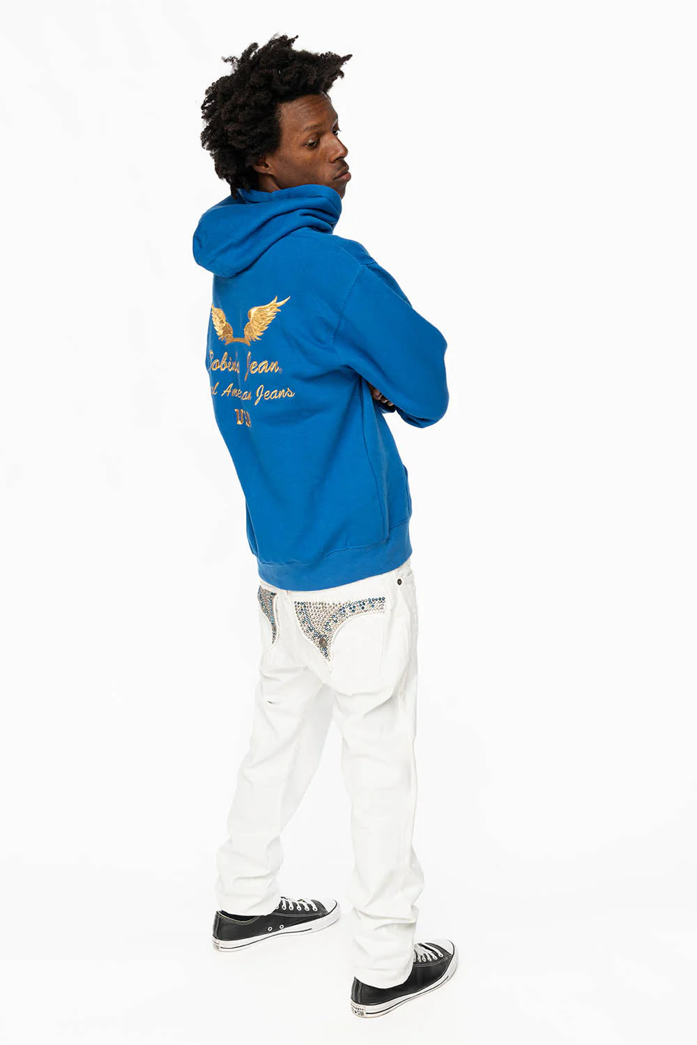 MENS LONG FLAP SLIM JEANS WITH FULL CLEAR & SAPPHIRE CRYSTALS IN PURE WHITE DNM - Image 6