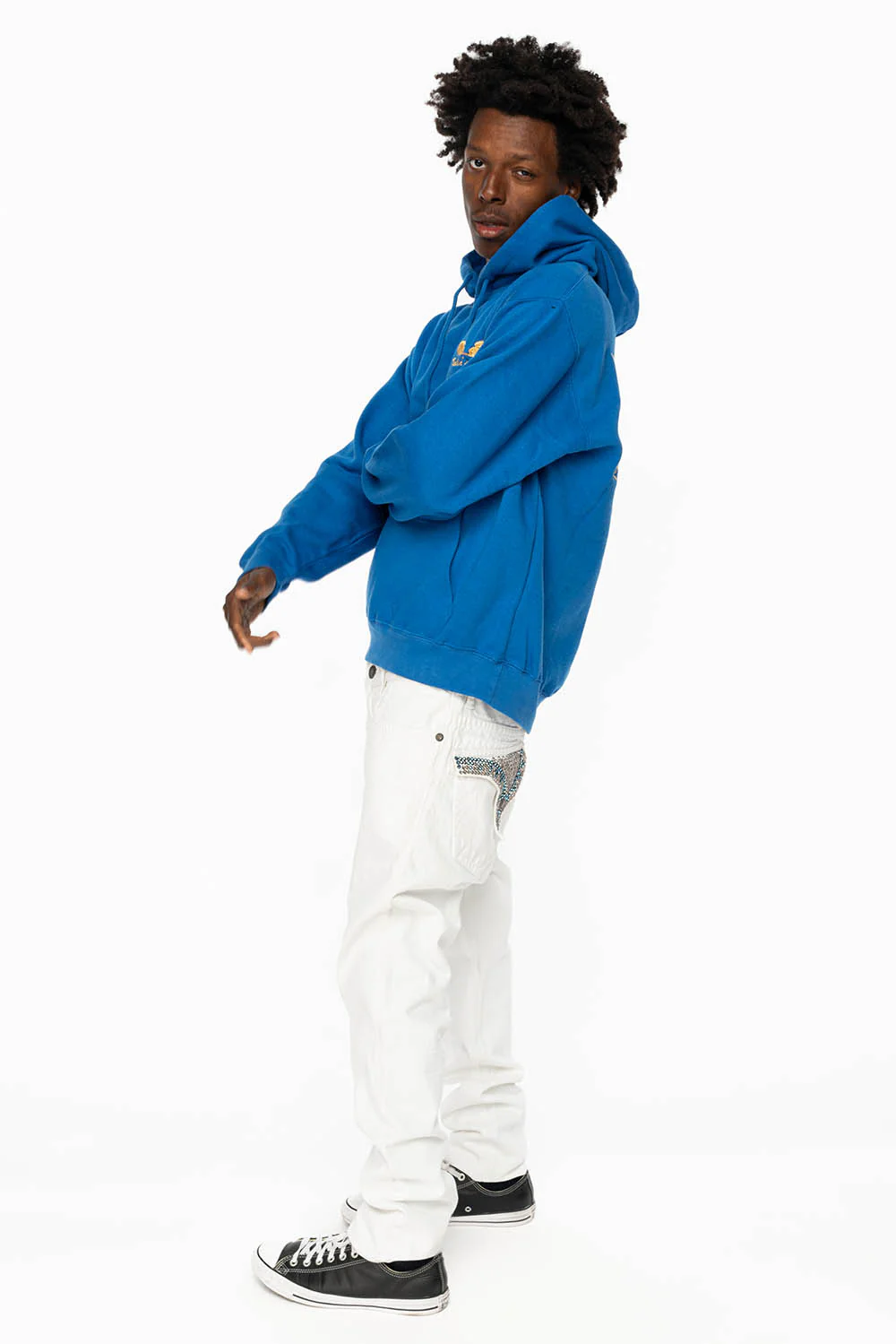 MENS LONG FLAP SLIM JEANS WITH FULL CLEAR & SAPPHIRE CRYSTALS IN PURE WHITE DNM - Image 8