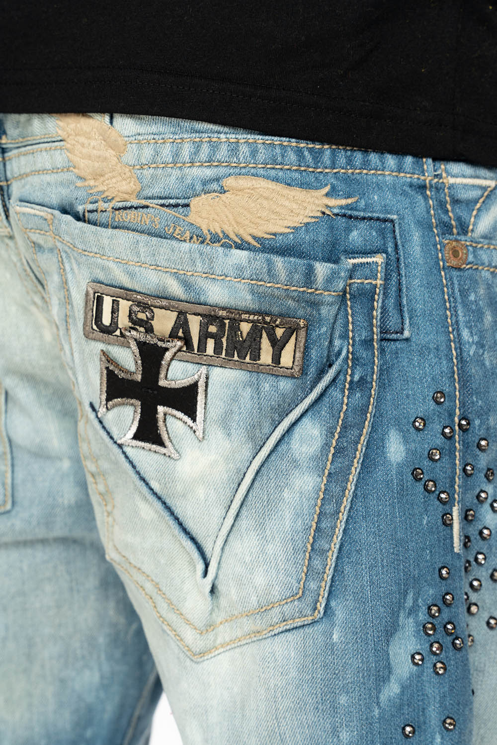 STRAIGHT CUT JEANS IN AQUARAMA WASH EMBELLISHED WITH CRYSTALS AND PATCHES - Image 5