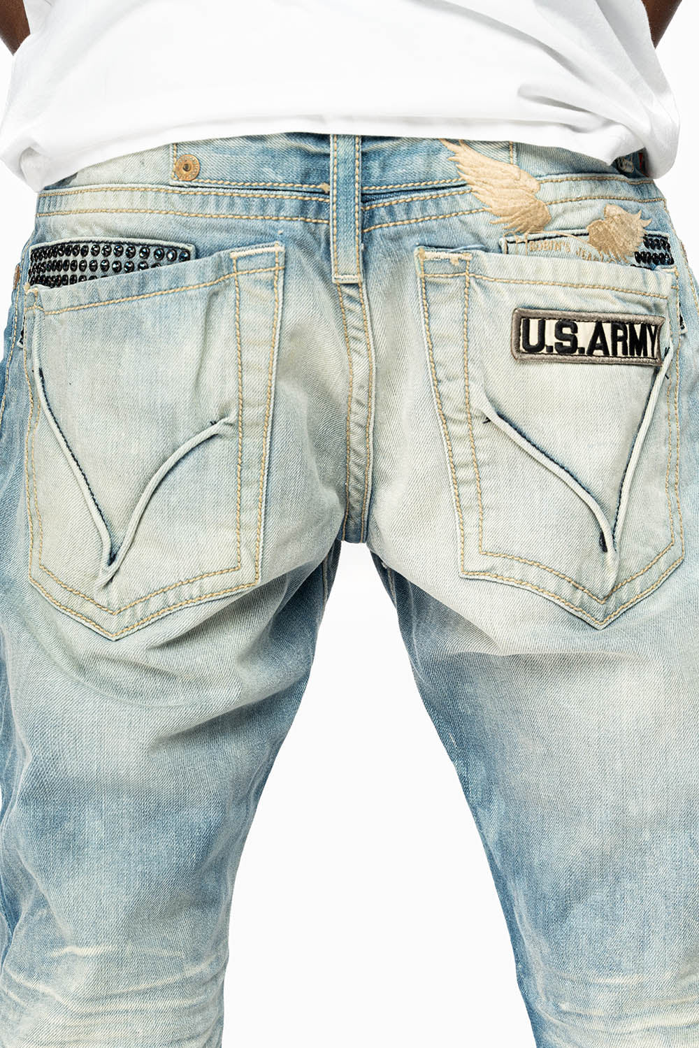 STRAIGHT CUT JEANS IN AQUARAMA WASH EMBELLISHED WITH  CRYSTALS AND ROBINS WING EMBROIDERY - Image 3