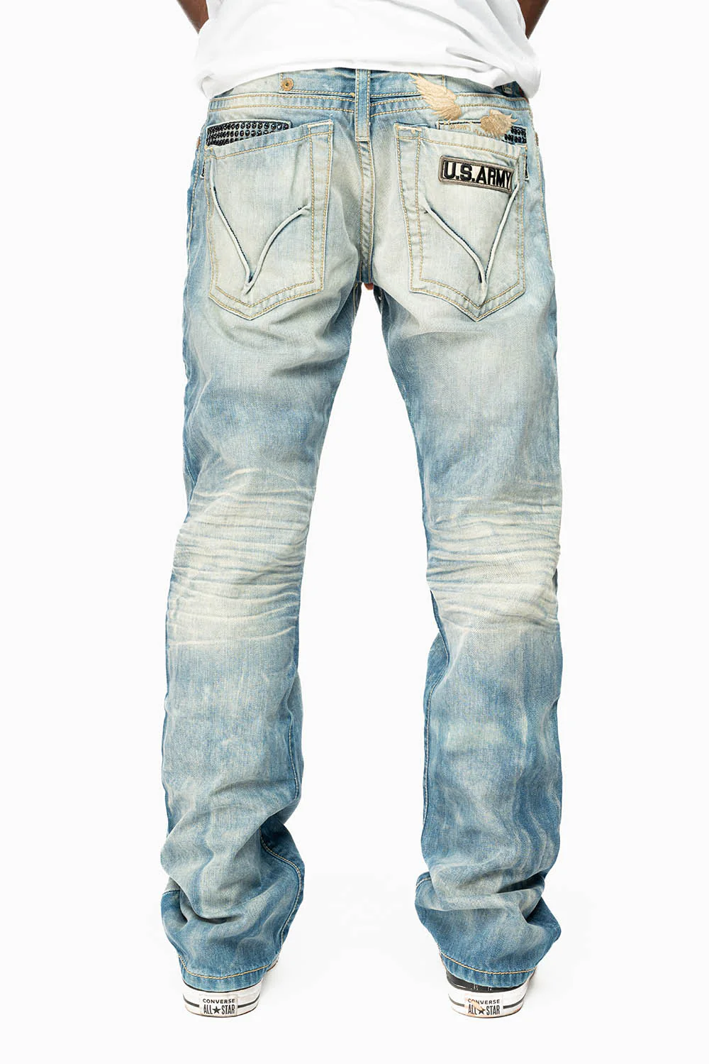 STRAIGHT CUT JEANS IN AQUARAMA WASH EMBELLISHED WITH  CRYSTALS AND ROBINS WING EMBROIDERY - Image 4