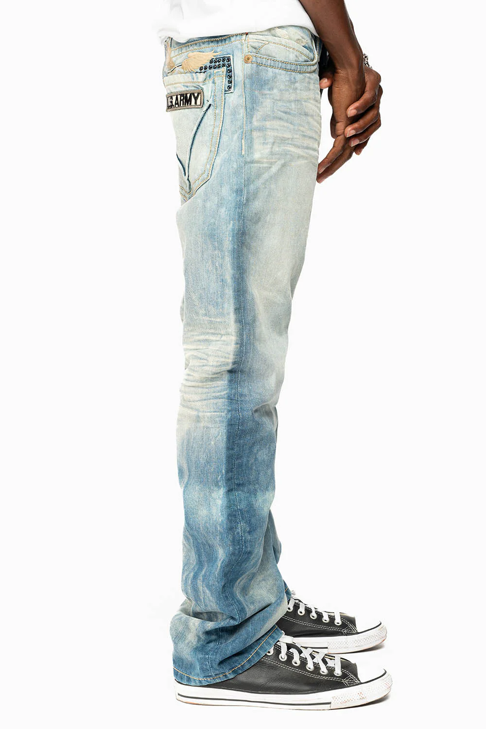 STRAIGHT CUT JEANS IN AQUARAMA WASH EMBELLISHED WITH  CRYSTALS AND ROBINS WING EMBROIDERY - Image 5