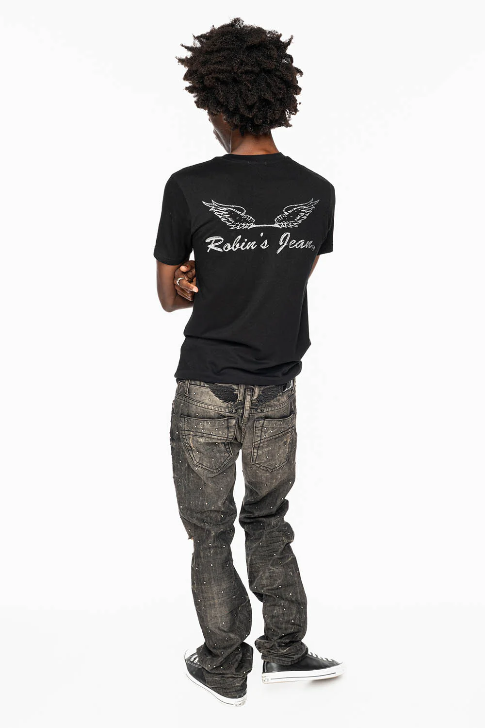 STRAIGHT LEG JEANS IN CHARCOAL MODOC BROKEN WASH EMBELLISHED ALL OVER WITH CRYSTALS - Image 10