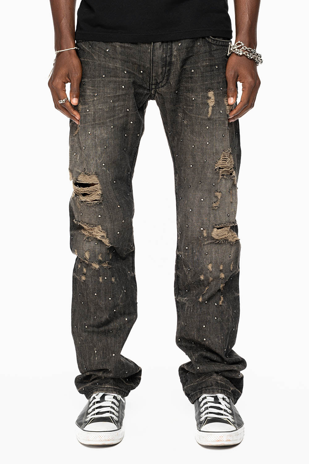 STRAIGHT LEG JEANS IN CHARCOAL MODOC BROKEN WASH EMBELLISHED ALL OVER WITH CRYSTALS - Image 2