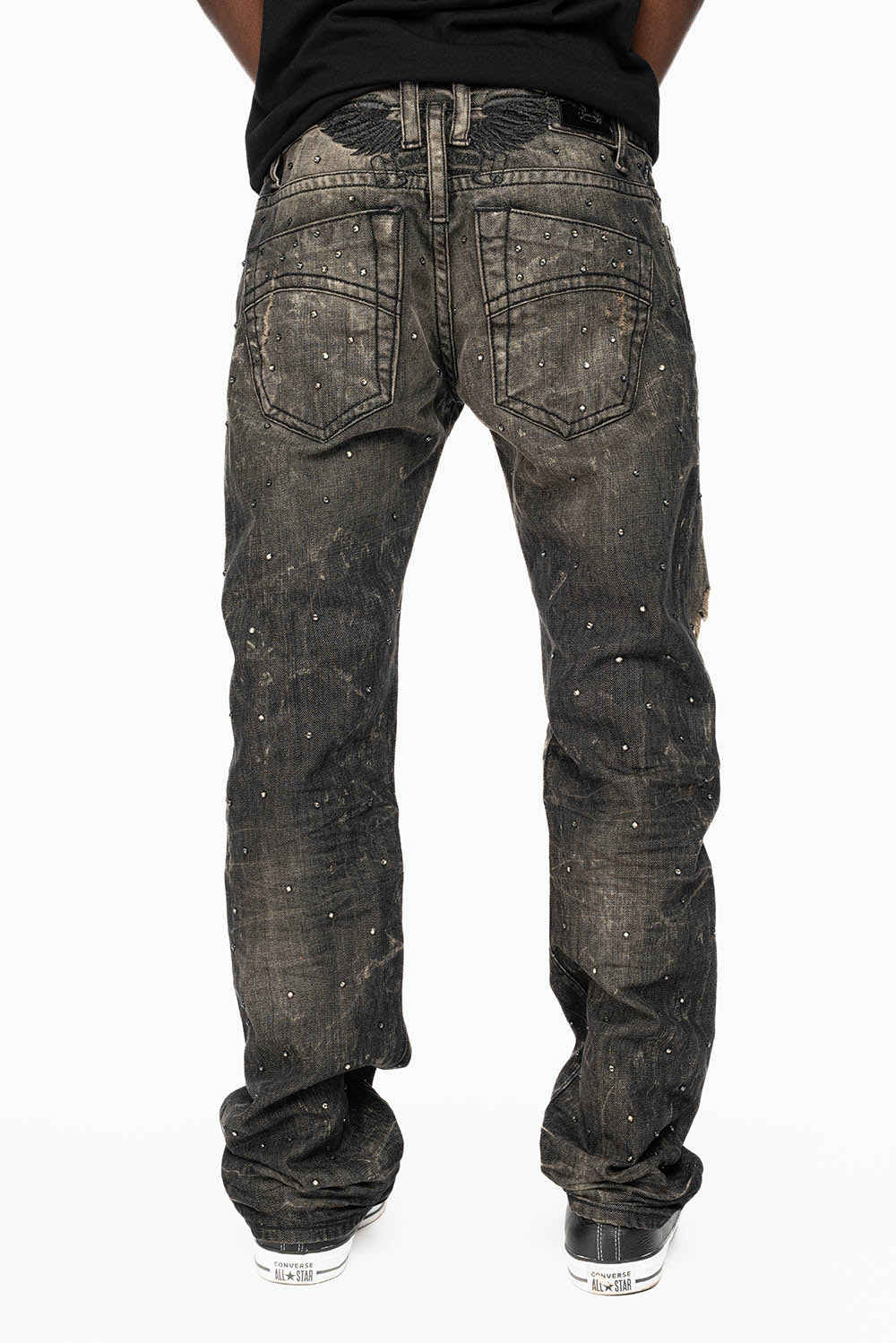 STRAIGHT LEG JEANS IN CHARCOAL MODOC BROKEN WASH EMBELLISHED ALL OVER WITH CRYSTALS - Image 3