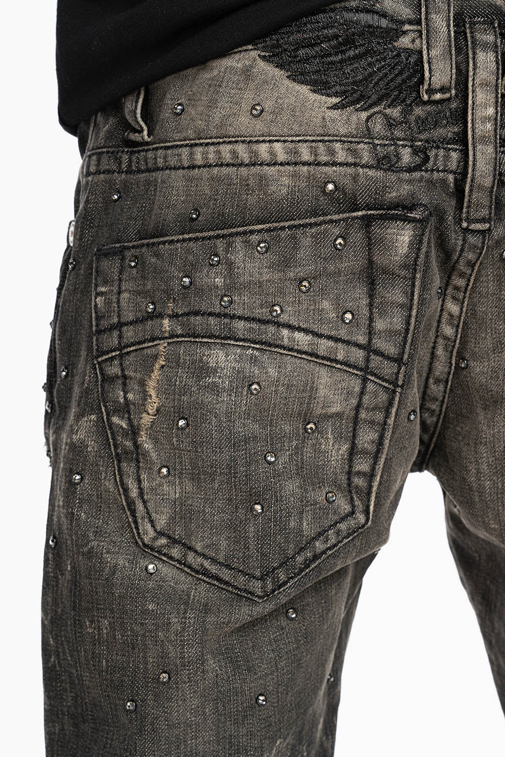 STRAIGHT LEG JEANS IN CHARCOAL MODOC BROKEN WASH EMBELLISHED ALL OVER WITH CRYSTALS - Image 4