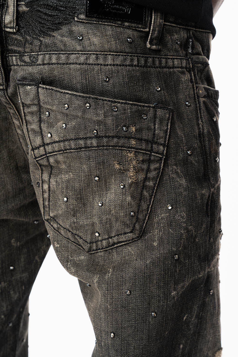 STRAIGHT LEG JEANS IN CHARCOAL MODOC BROKEN WASH EMBELLISHED ALL OVER WITH CRYSTALS - Image 7